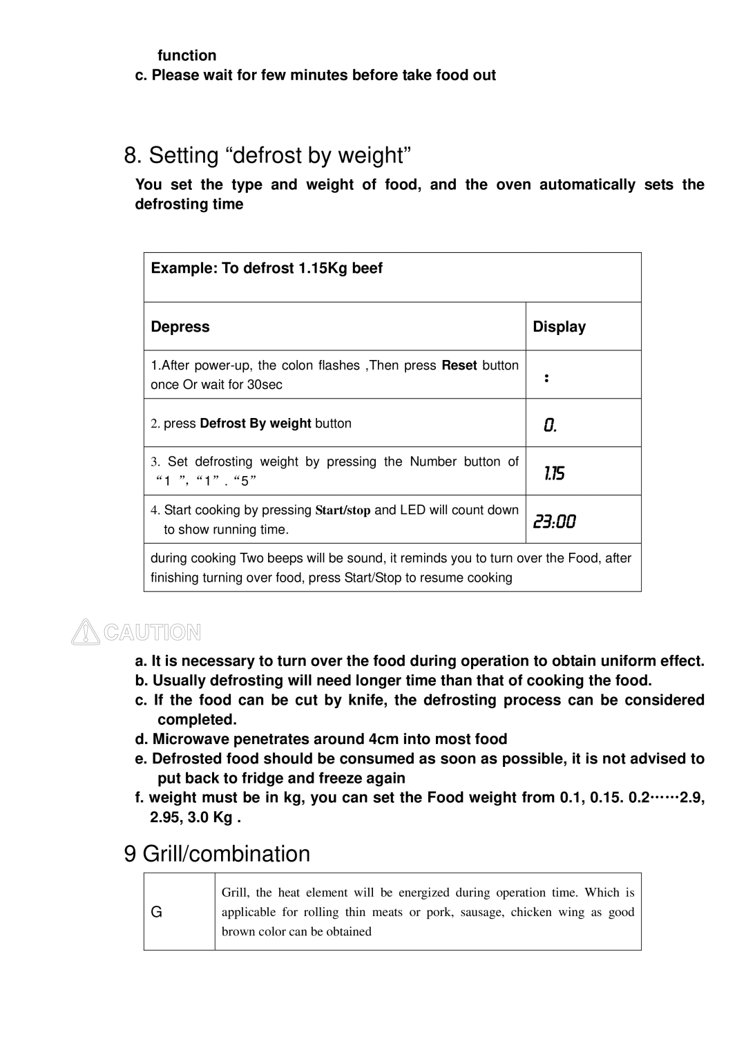 Haier 23PG27 manual Setting defrost by weight, Grill/combination 