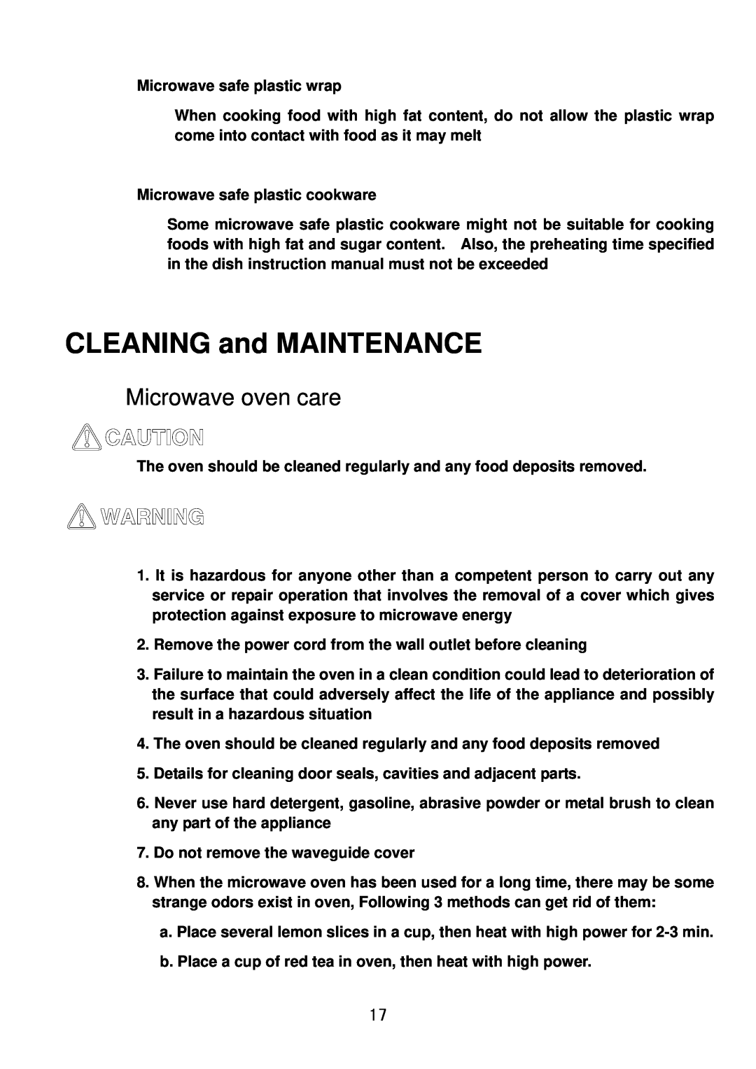 Haier 23PG27 manual CLEANING and MAINTENANCE, Microwave oven care 