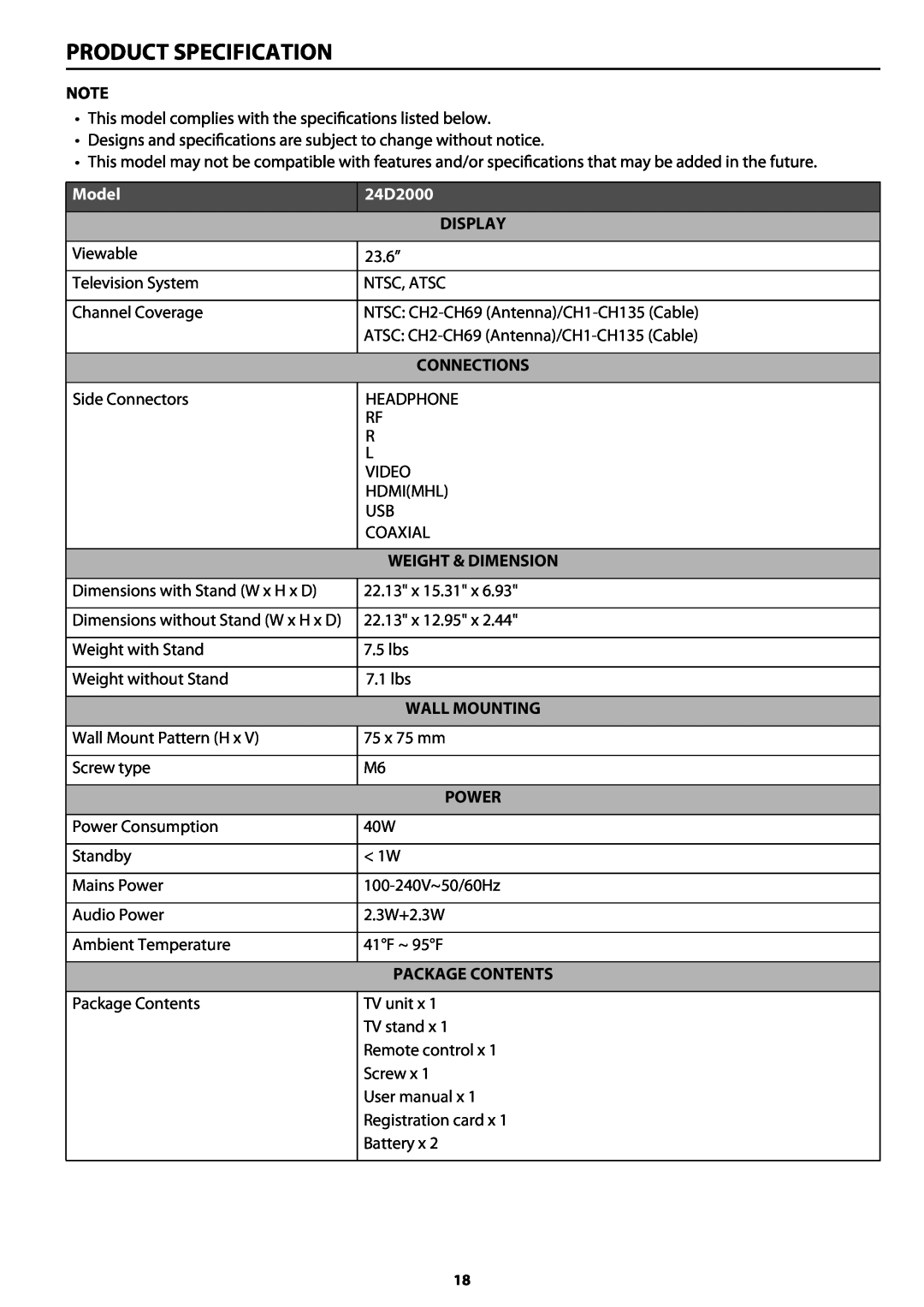 Haier 24D2000 manual Product Specification, Model, Display, Connections, Weight & Dimension 