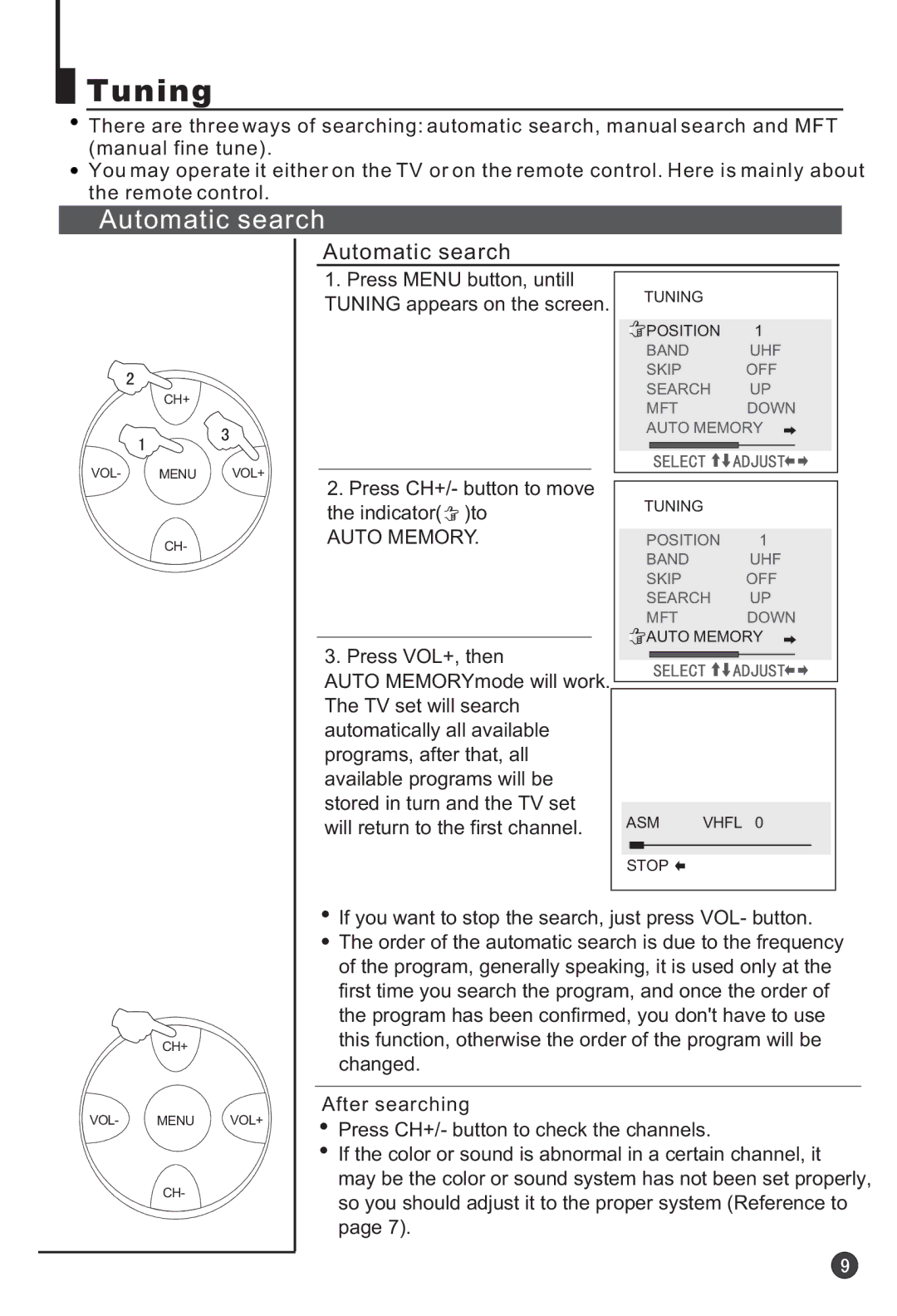 Haier 25F3A, 25T3A owner manual Tuning, Automatic search, Press CH+/- button to move the indicator to 