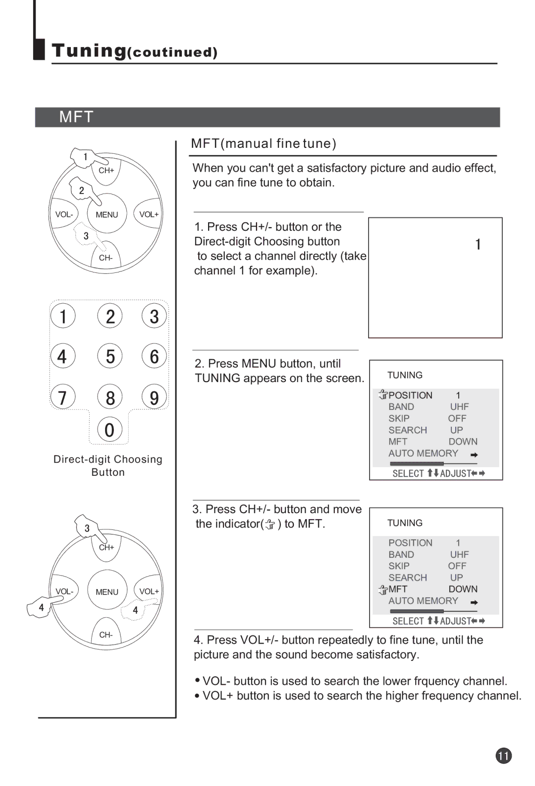 Haier 25F3A, 25T3A owner manual MFTmanual fine tune, Press CH+/- button and move the indicator to MFT 