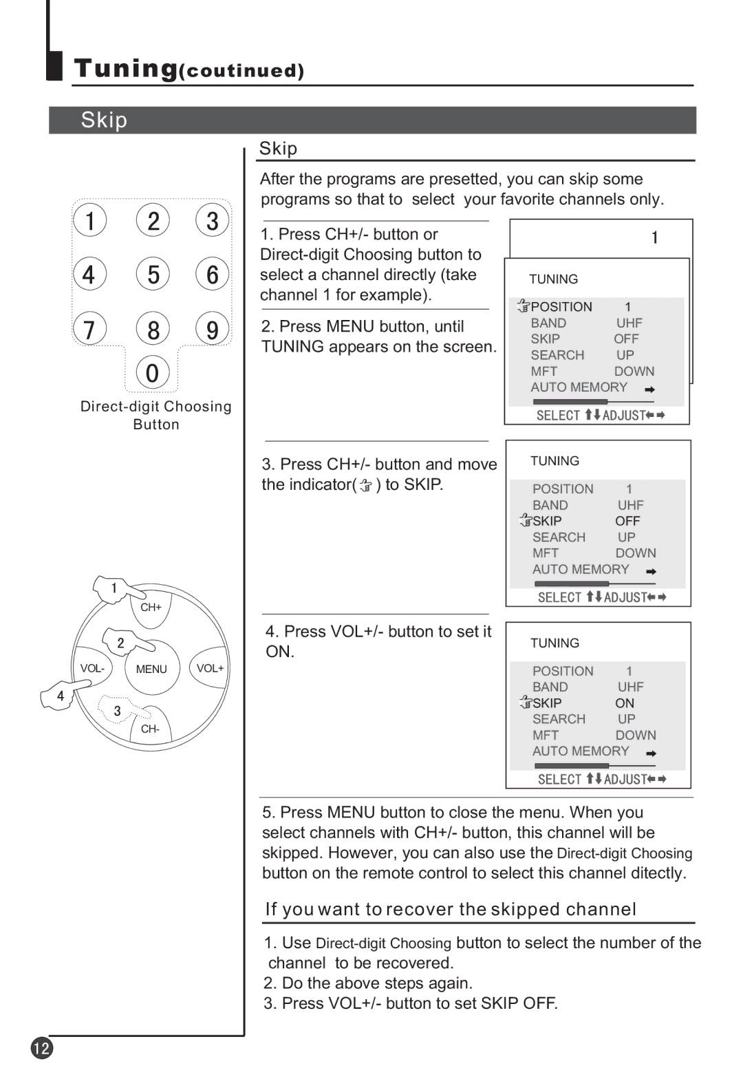 Haier 25T3A, 25F3A If you want to recover the skipped channel, Press CH+/- button and move the indicator to Skip 