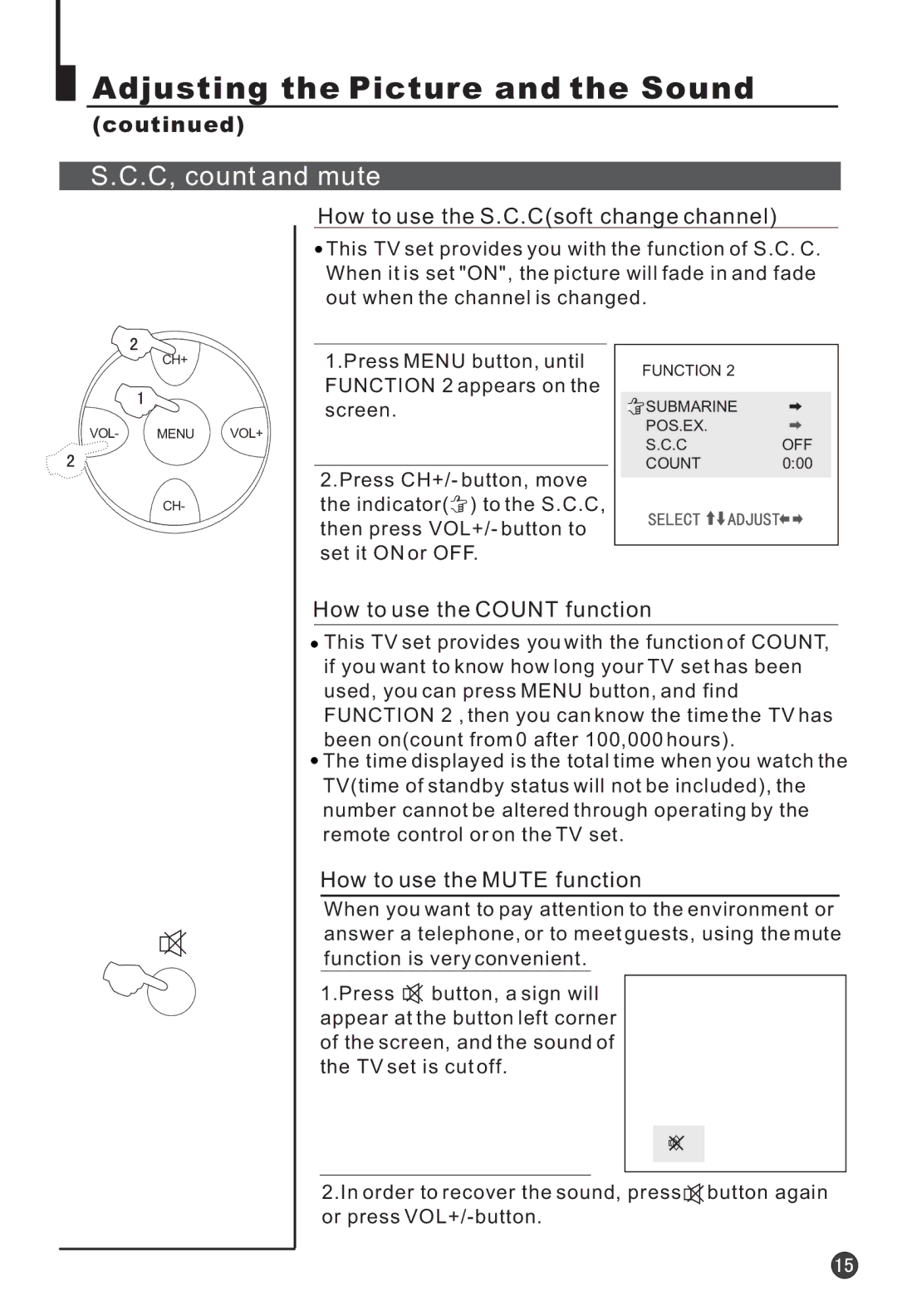 Haier 25F3A, 25T3A owner manual C, count and mute, How to use the S.C.Csoft change channel, How to use the Count function 