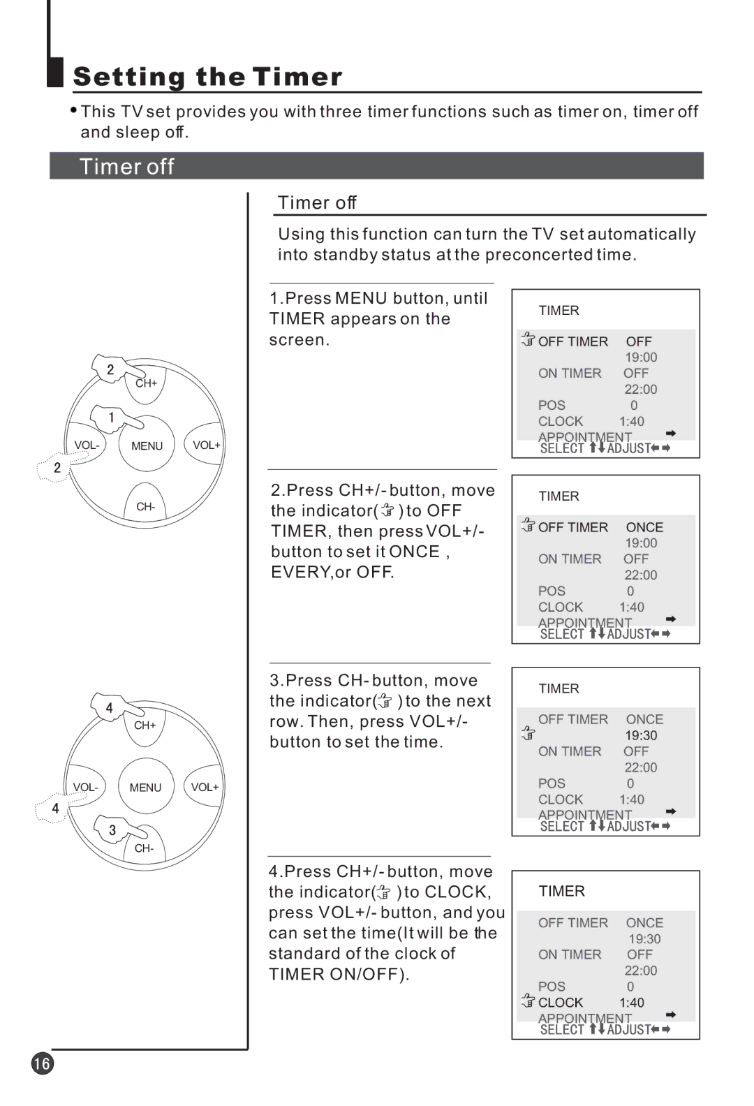 Haier 25T3A, 25F3A owner manual Setting the Timer, Timer off, Press Menu button, until Timer appears on the screen 