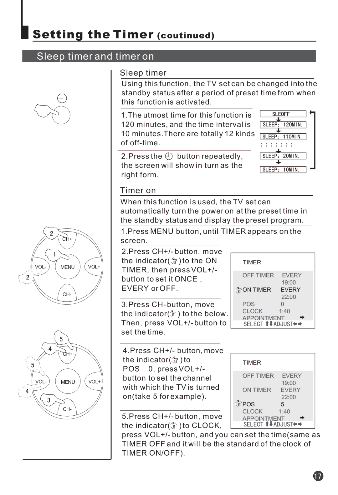 Haier 25F3A, 25T3A owner manual Setting the Timer coutinued, Sleep timer and timer on, Timer on 