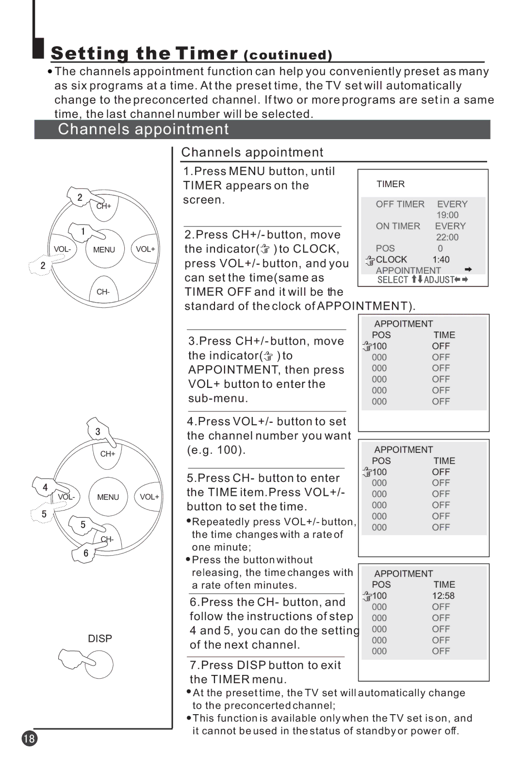 Haier 25T3A, 25F3A owner manual Channels appointment, Press Disp button to exit the Timer menu 