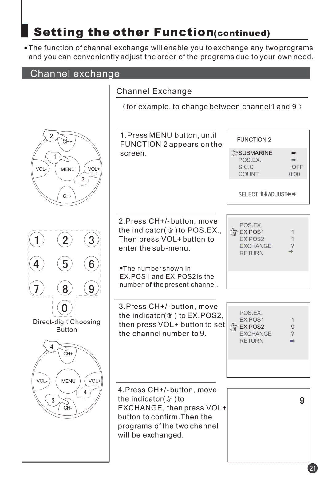 Haier 25F3A, 25T3A owner manual Channel exchange, Channel Exchange, For example, to change between channel1 