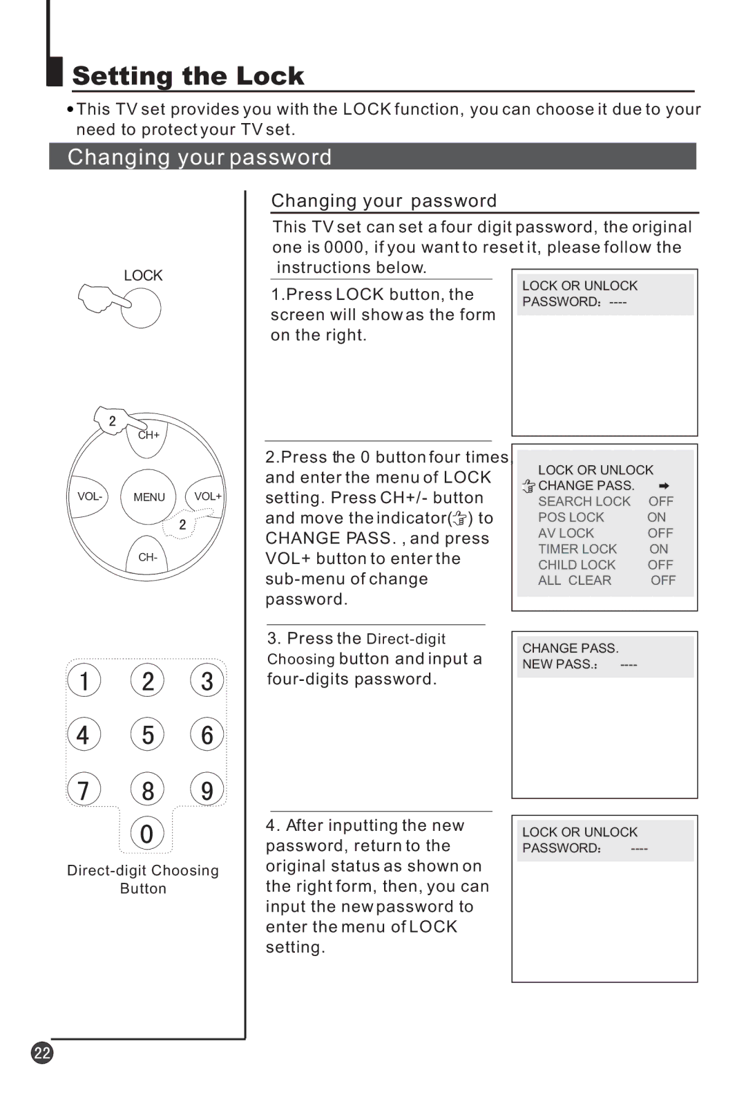 Haier 25T3A, 25F3A owner manual Setting the Lock, Changing your password 