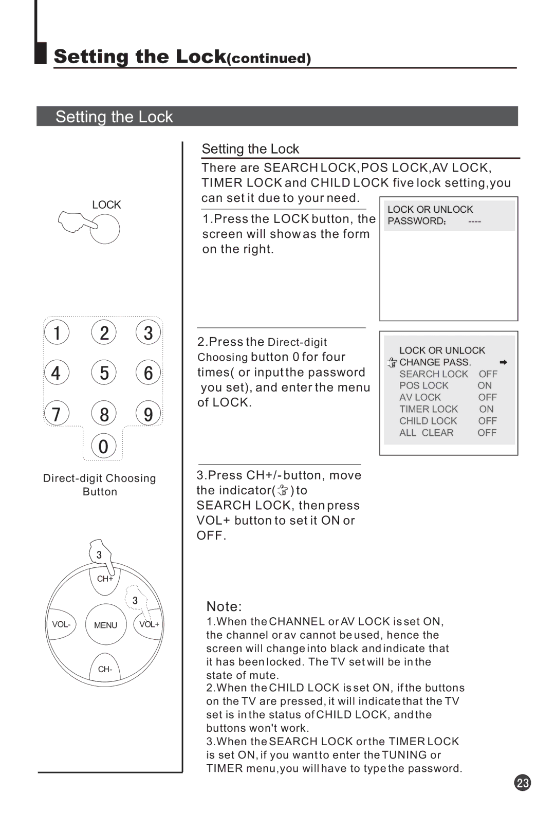 Haier 25F3A, 25T3A owner manual Setting the Lock 