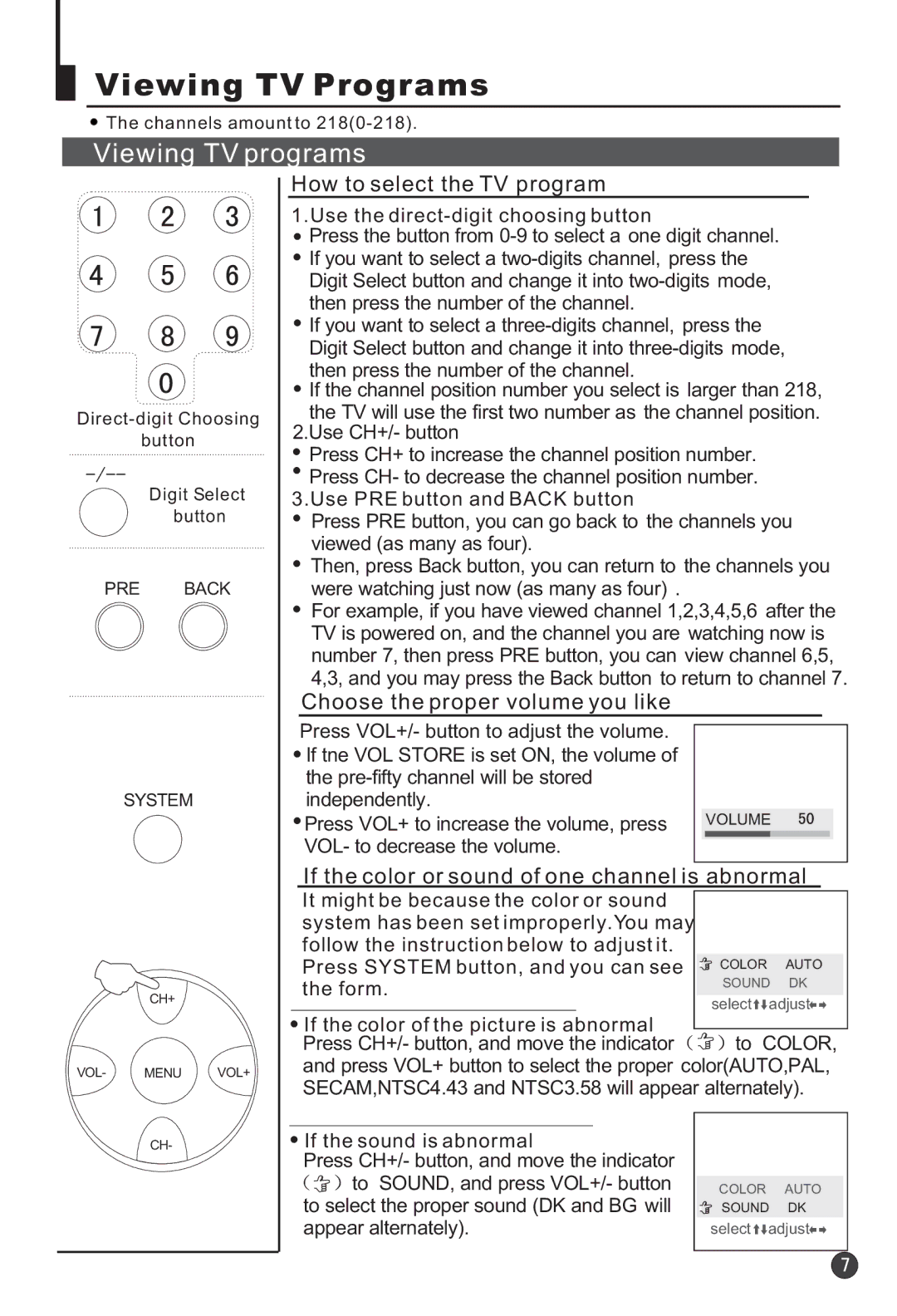 Haier 25F3A Viewing TV Programs, Viewing TV programs, How to select the TV program, Choose the proper volume you like 