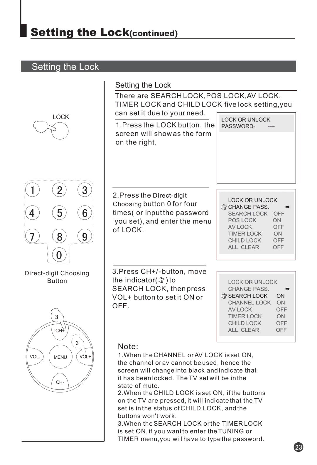 Haier 25T3A-T, 25F3A-T owner manual Setting the Lock 