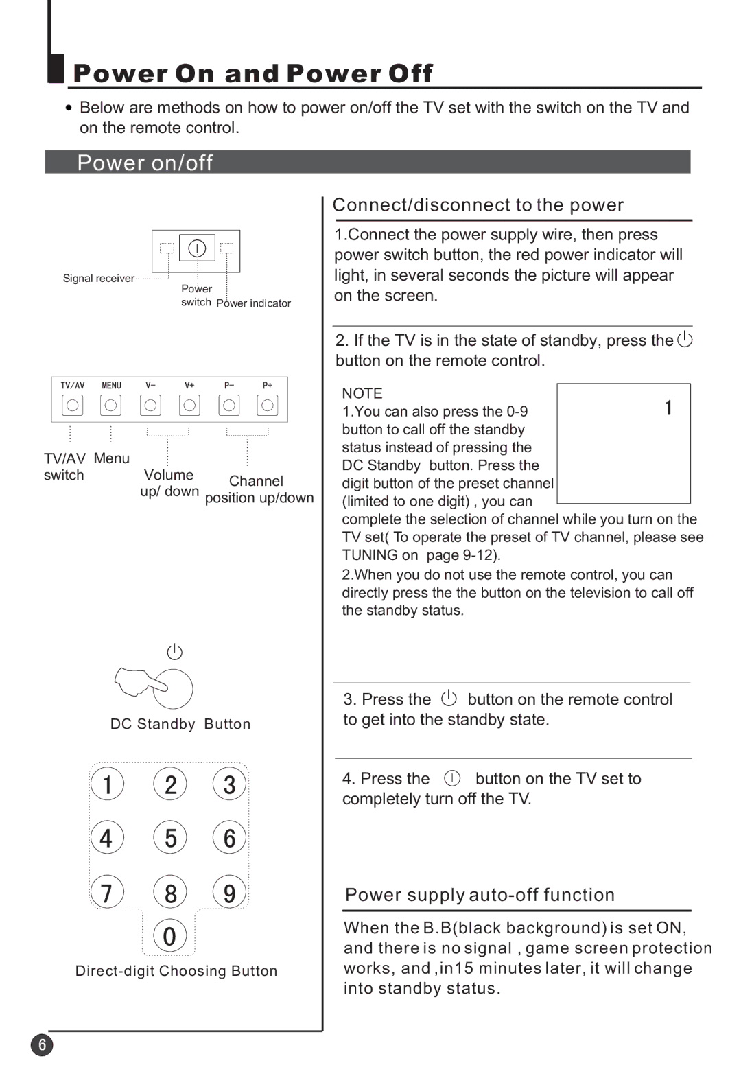 Haier 25F3A-T Power On and Power Off, Power on/off, Connect/disconnect to the power, Power supply auto-off function 