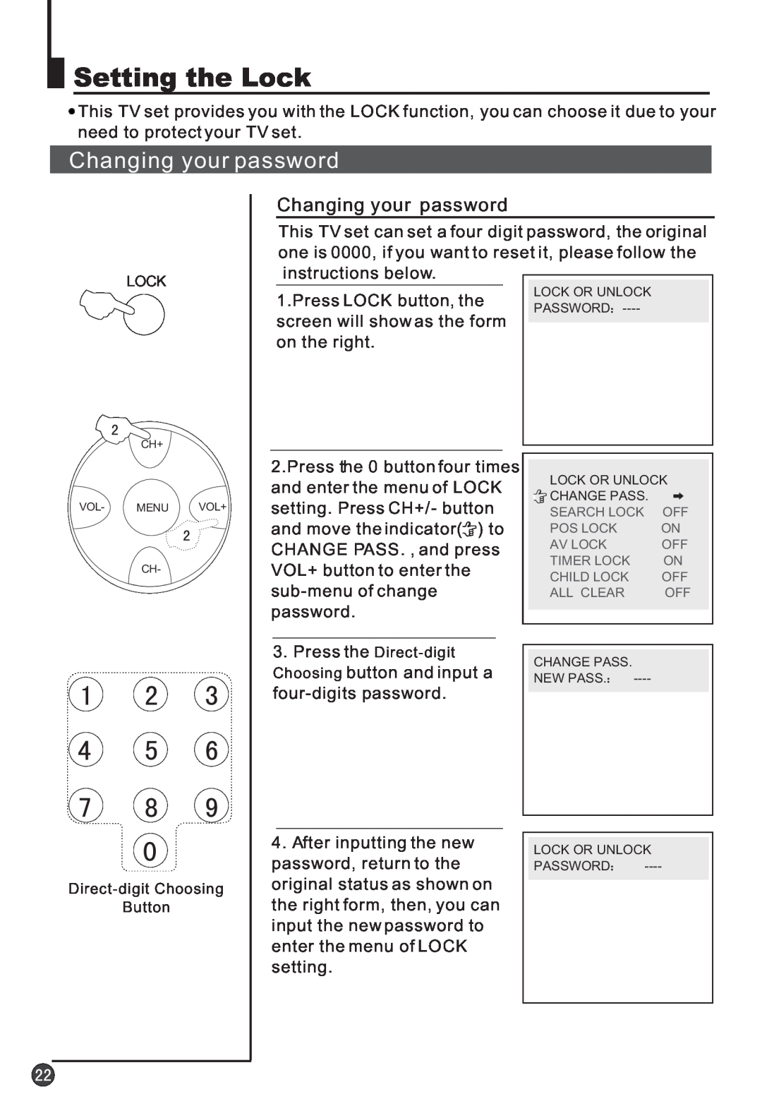 Haier 25F3A-T, 25T3A-T owner manual Setting the Lock, Changing your password 
