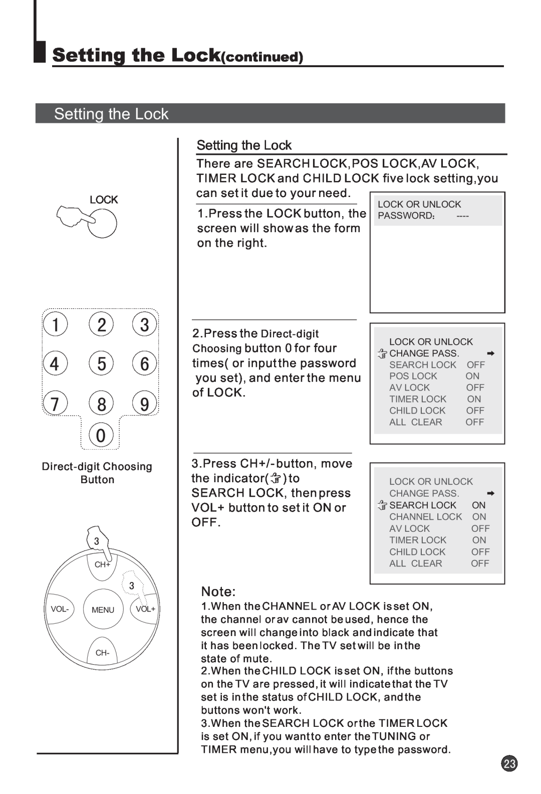 Haier 25T3A-T, 25F3A-T owner manual Setting the Lockcontinued 