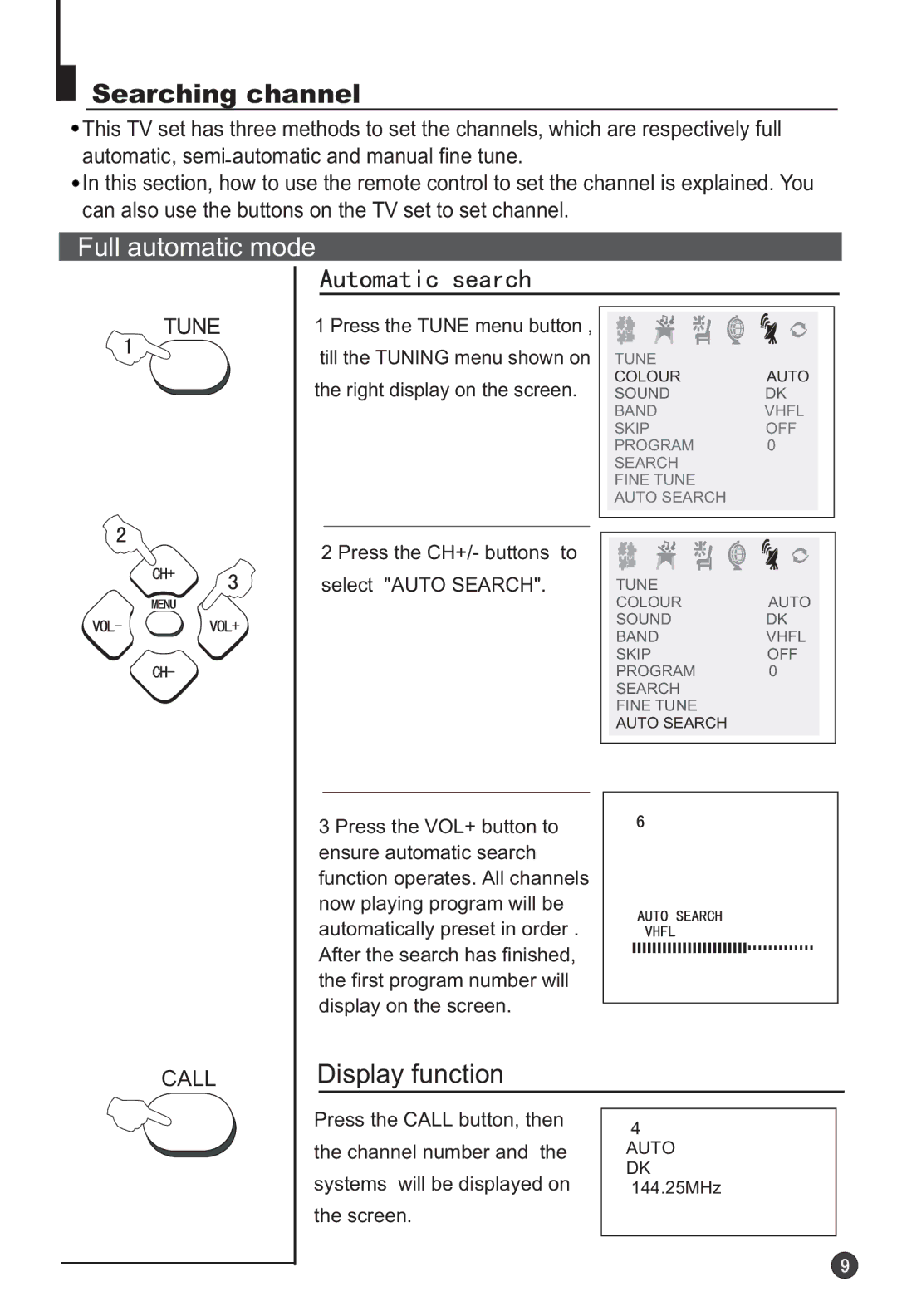 Haier 29F3A manual Searching channel, Full automatic mode, Display function, Call 