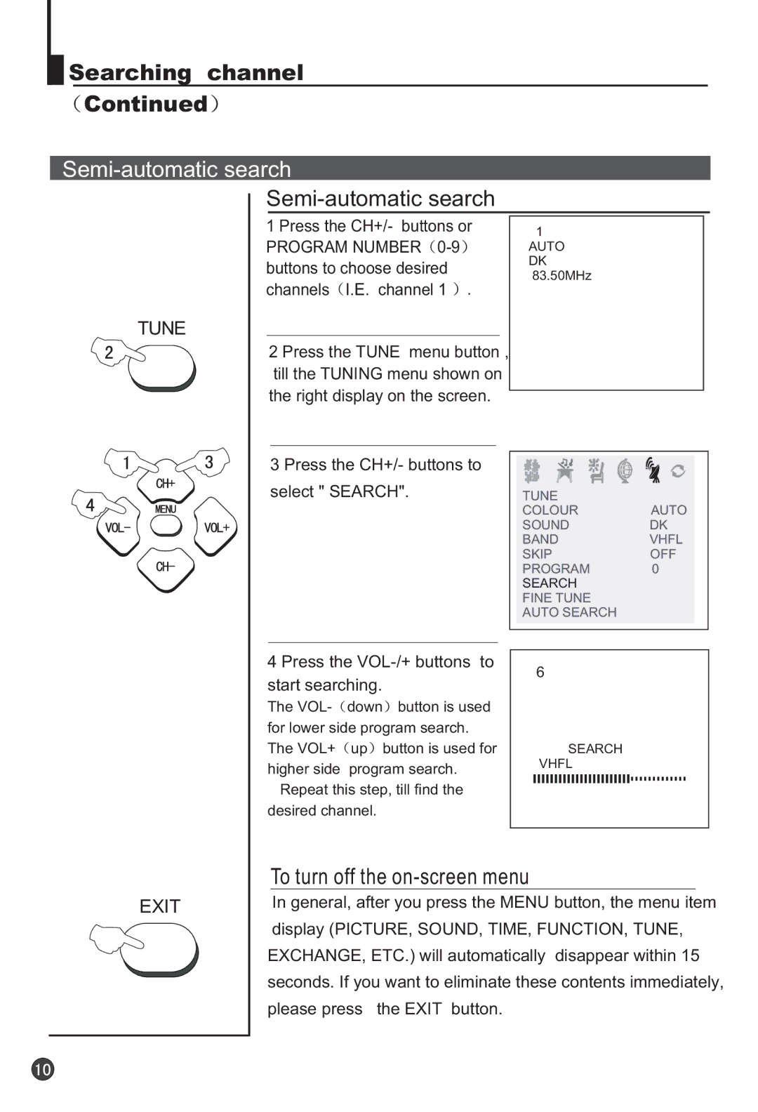 Haier 29F3A manual Semi-automatic search, To turn off the on-screen menu, Exit 