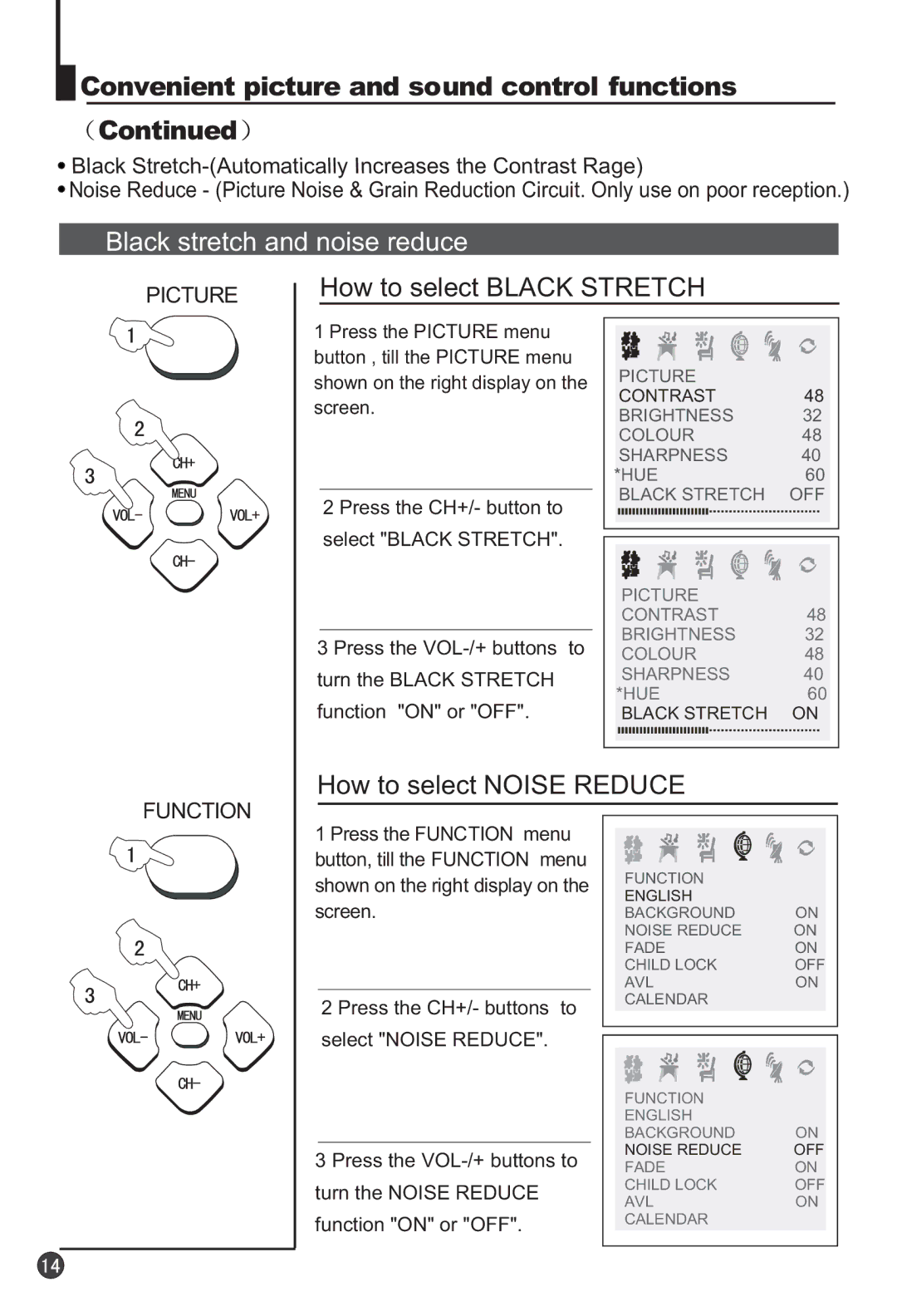 Haier 29F3A manual Black stretch and noise reduce, How to select Black Stretch, How to select Noise Reduce, Function 