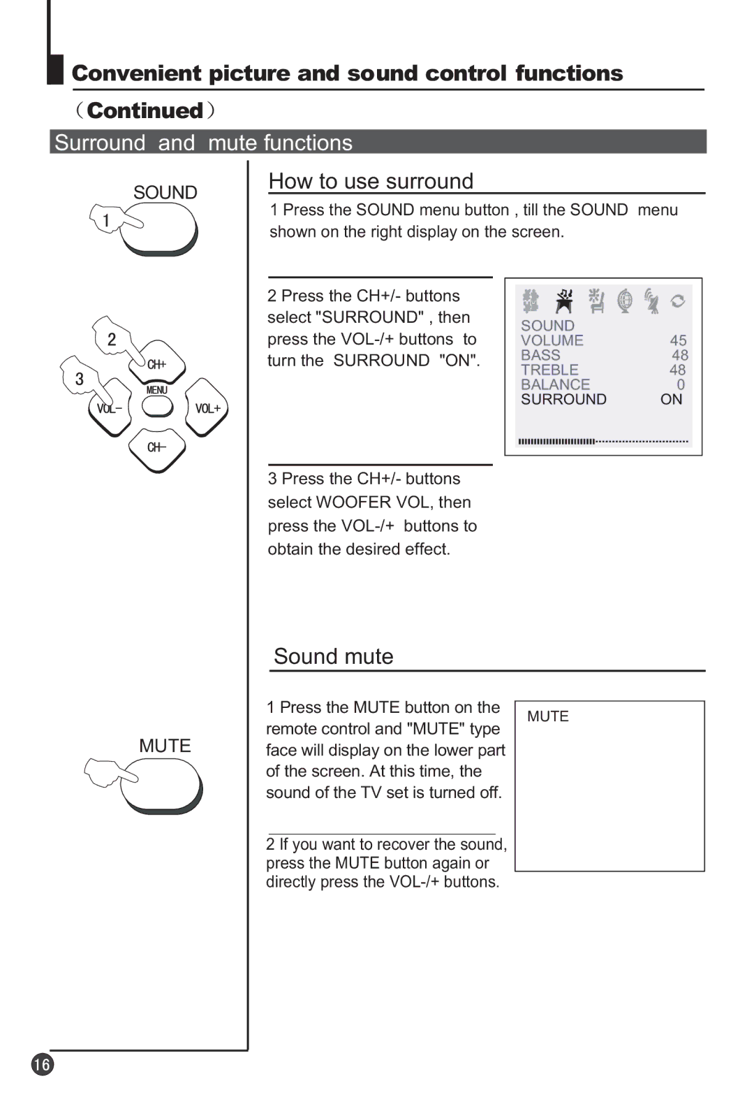 Haier 29F3A manual Surround and mute functions, How to use surround, Sound mute, Press the Mute button on 