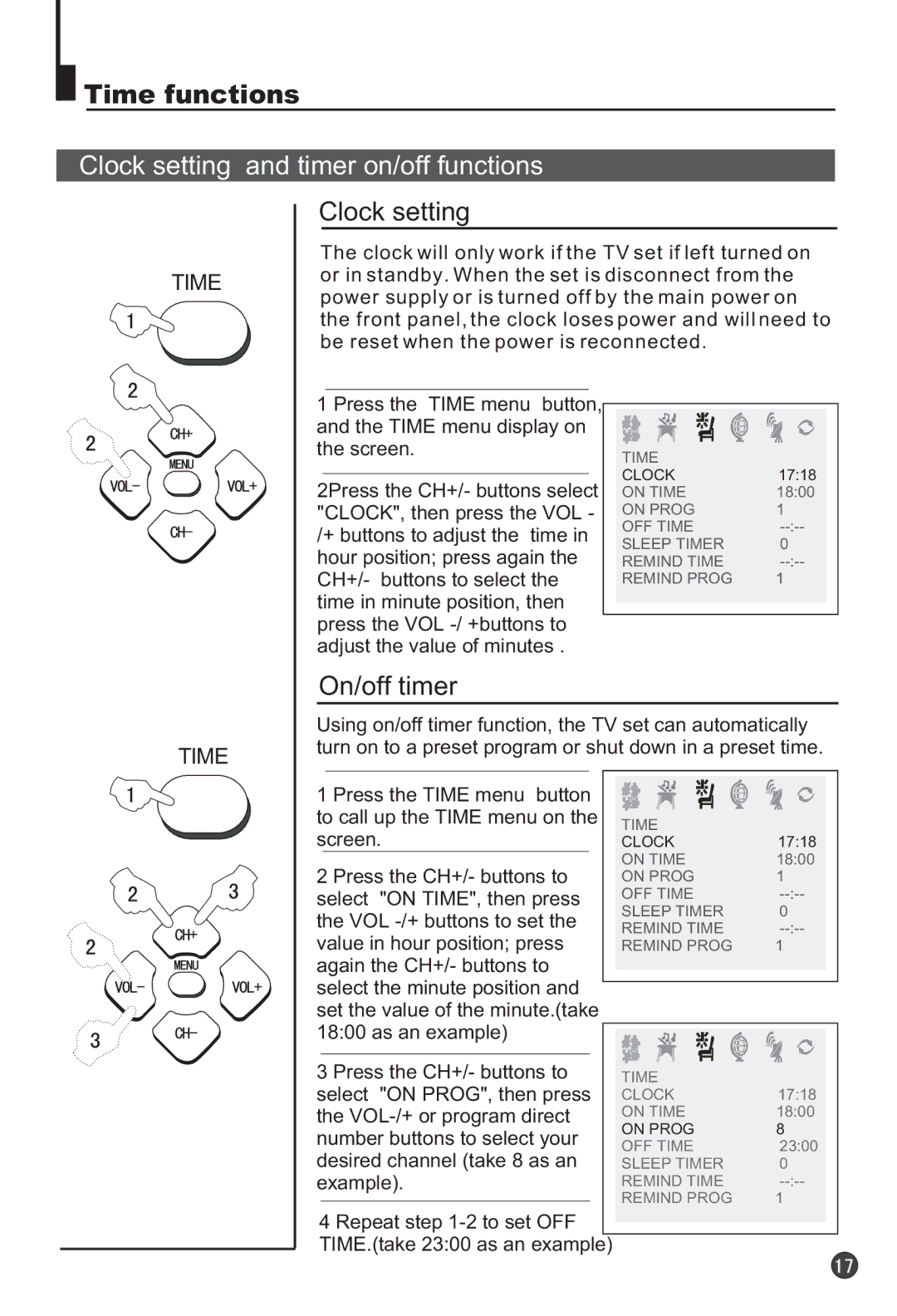 Haier 29F3A manual Time functions, Clock setting and timer on/off functions, On/off timer 