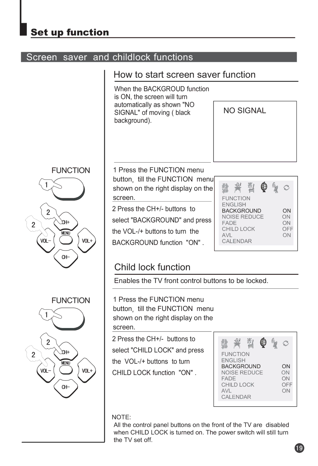 Haier 29F3A Set up function, Screen saver Childlock functions, How to start screen saver function, Child lock function 