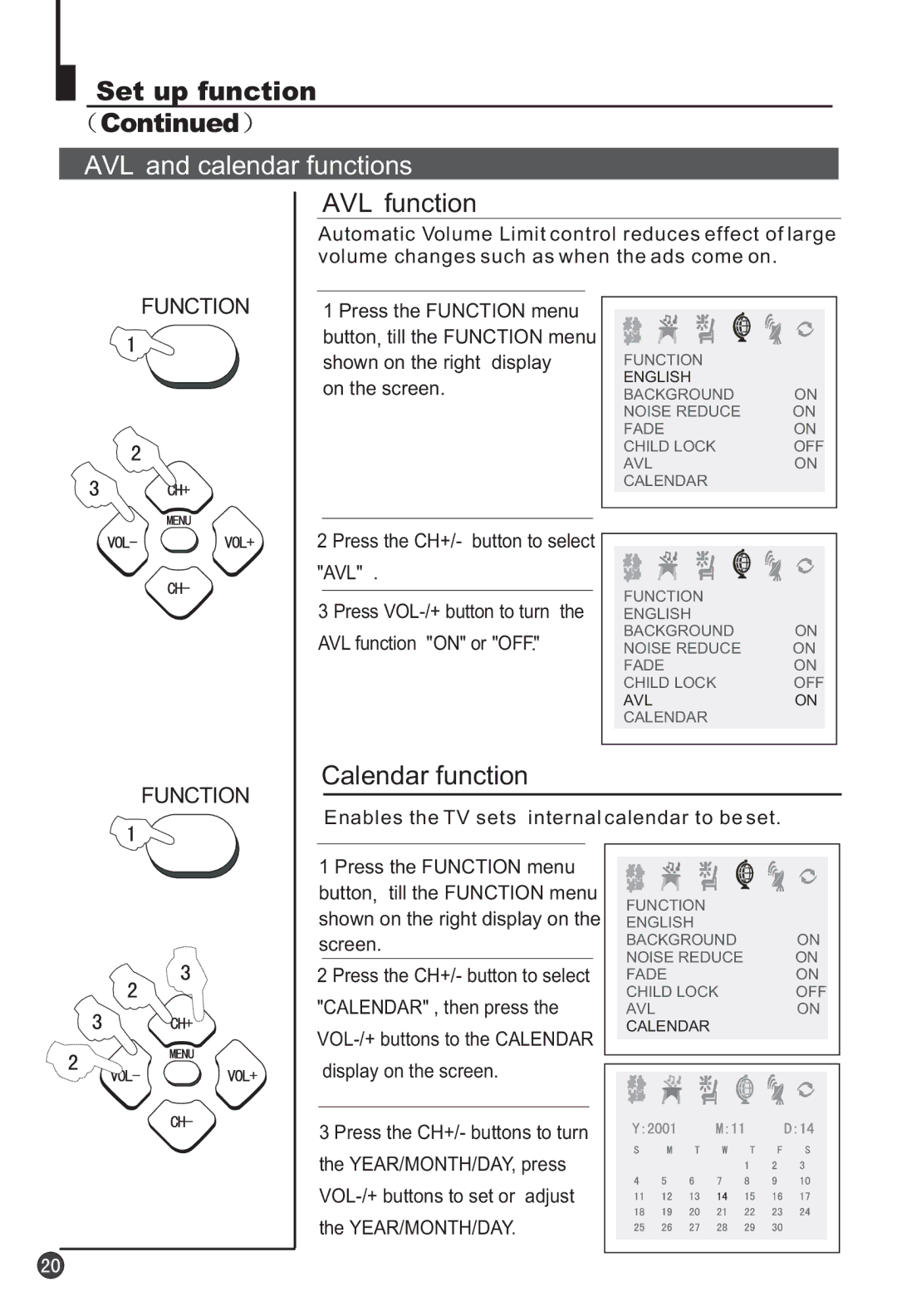 Haier 29F3A manual AVL and calendar functions, AVL function 