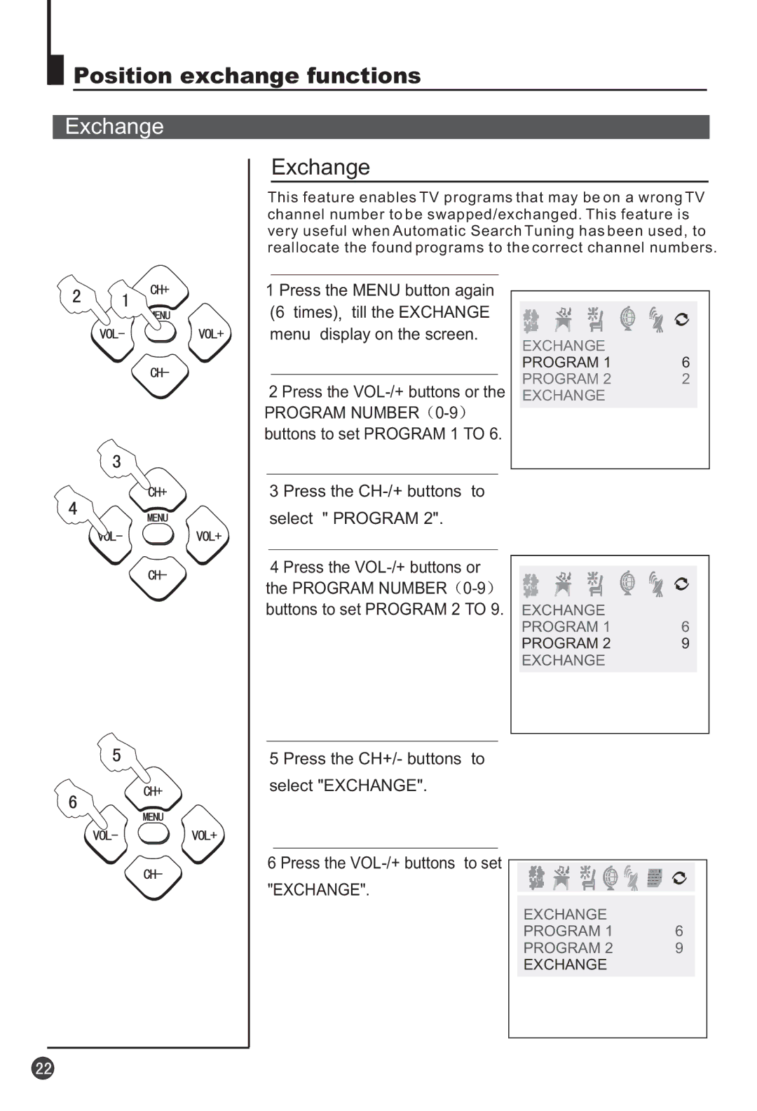 Haier 29F3A manual Position exchange functions, Exchange, Press the CH-/+ buttons to Select Program 