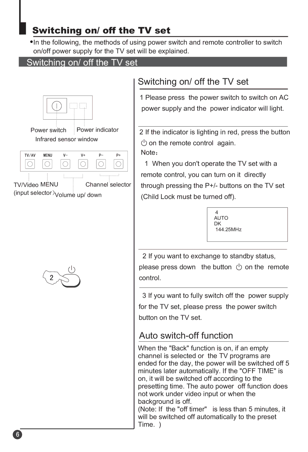 Haier 29F3A manual Switching on/ off the TV set, Auto switch-off function 