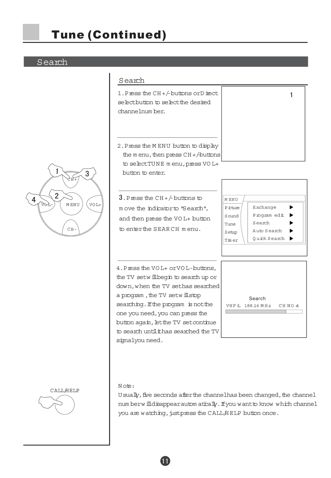 Haier 29F5D, 34F5D owner manual Search, Press the CH+/-buttons to 