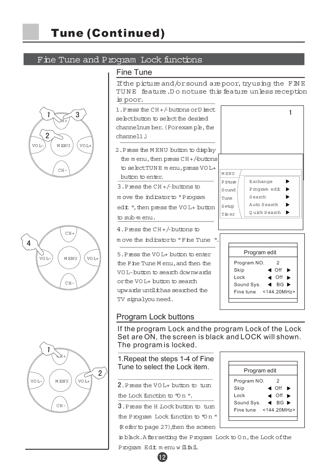 Haier 34F5D, 29F5D Fine Tune and Program Lock functions, To selectTUNE m enu,press VO L+ Button to enter, To sub-m enu 