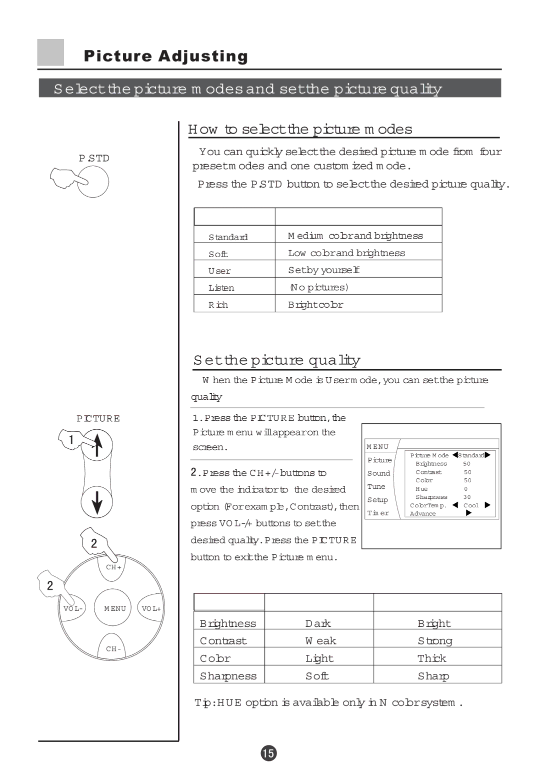 Haier 29F5D, 34F5D owner manual Picture Adjusting, How to selectthe picture m odes, Setthe picture quality 