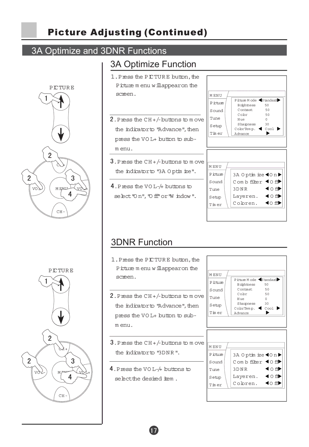 Haier 29F5D, 34F5D owner manual 3A Optimize and 3DNR Functions, 3A Optimize Function 