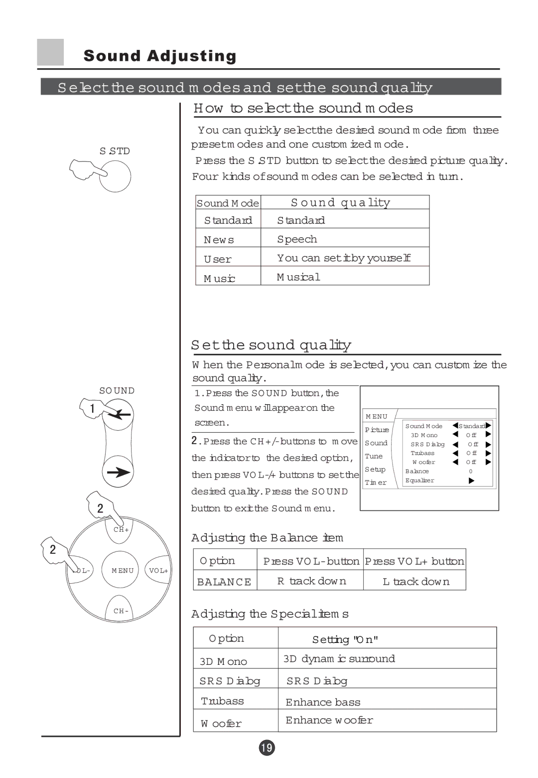 Haier 29F5D, 34F5D Sound Adjusting, Electthe sound m odes and setthe sound quality, How to selectthe sound m odes 