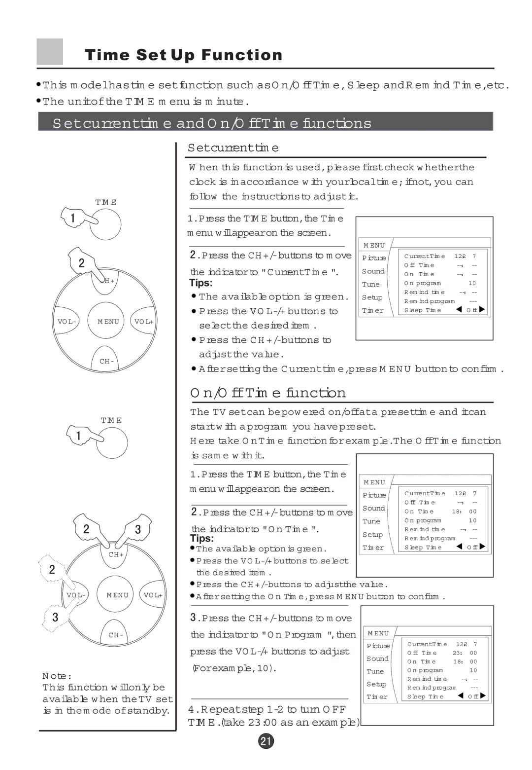 Haier 29F5D, 34F5D owner manual Time Set Up Function, Etcurrenttim e and O n/O ffTim e functions, Setcurrenttim e 