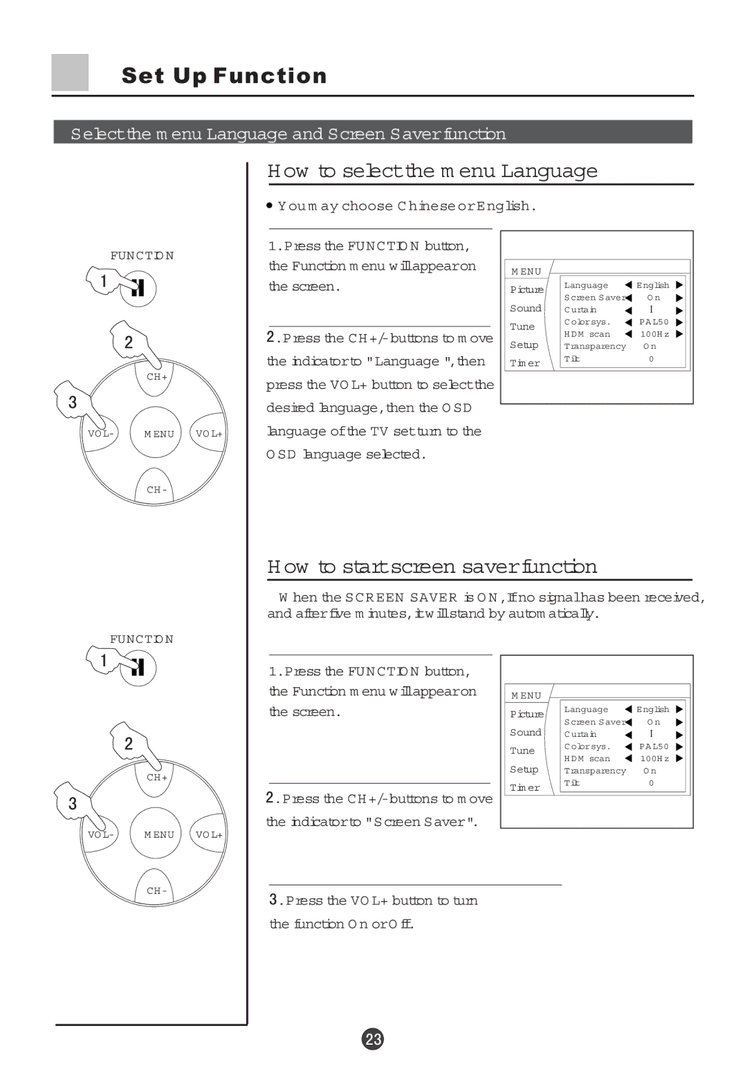Haier 29F5D, 34F5D Set Up Function, How to selectthe m enu Language, How to startscreen saverfunction, Function O n orO ff 