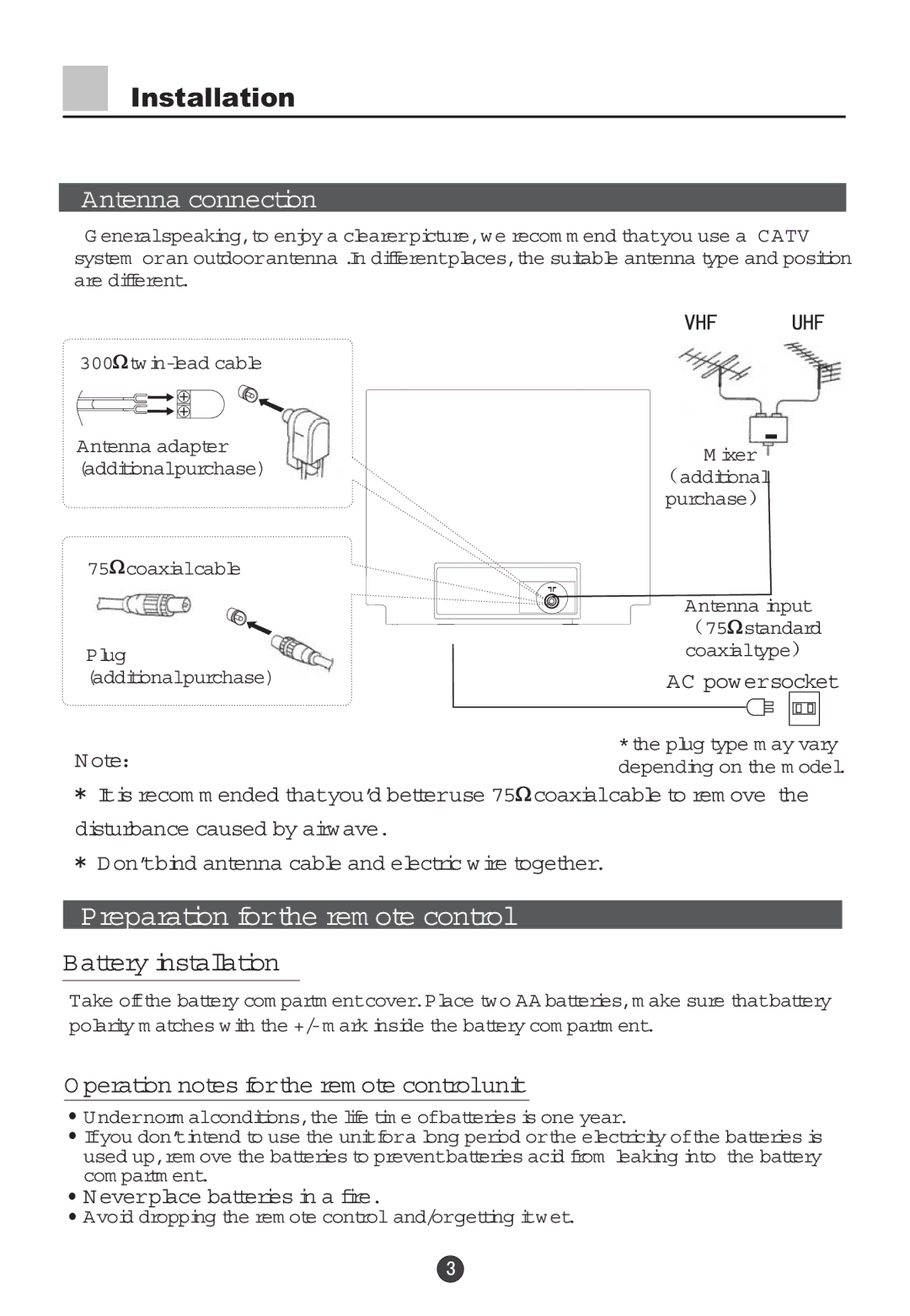 Haier 29F5D, 34F5D owner manual Installation, Antenna connection, Battery installation, Neverplace batteries in a fire 