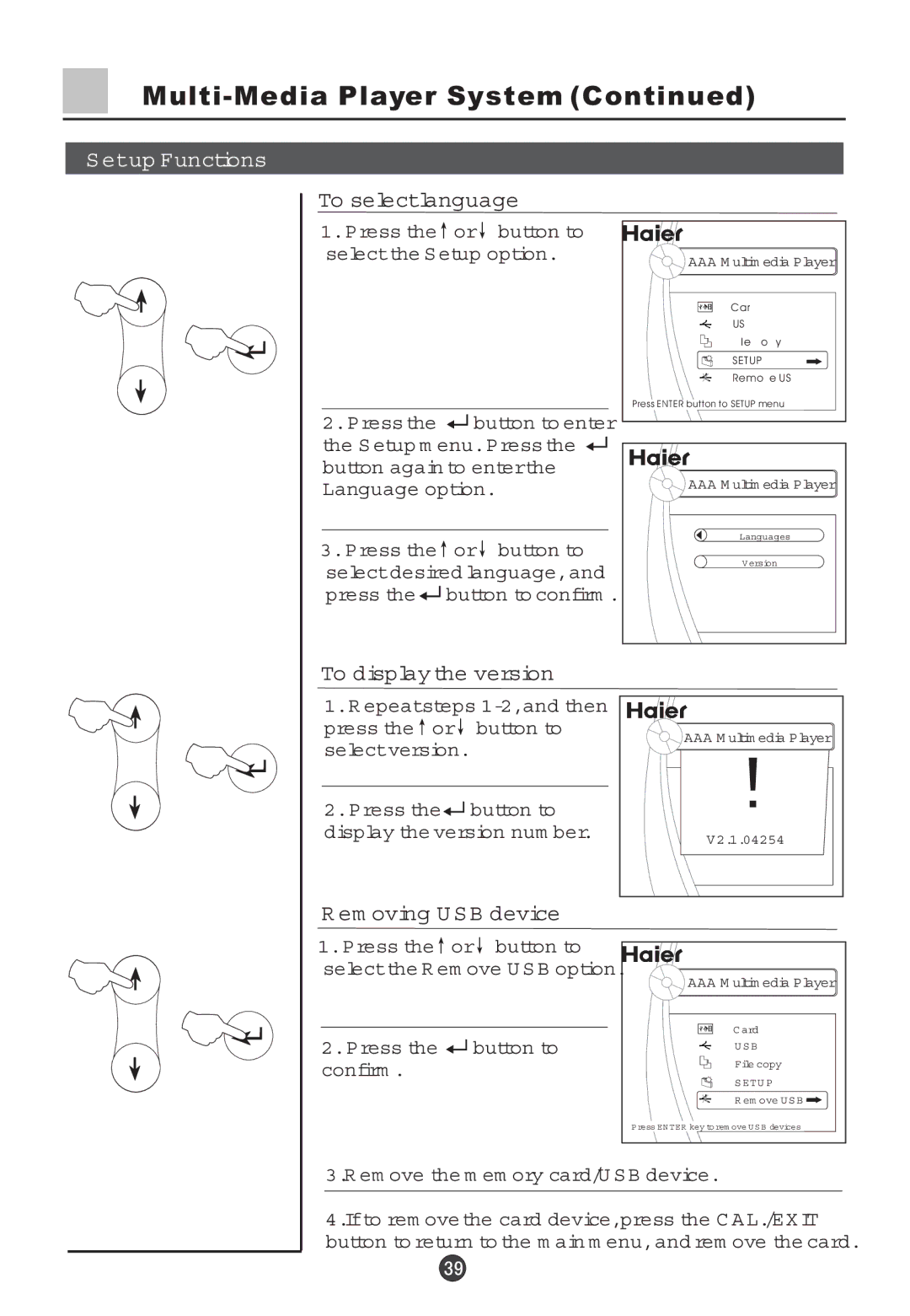 Haier 29F5D To selectlanguage, To display the version, Em oving U SB device, Confirm, Em ove the m em ory card/U SB device 