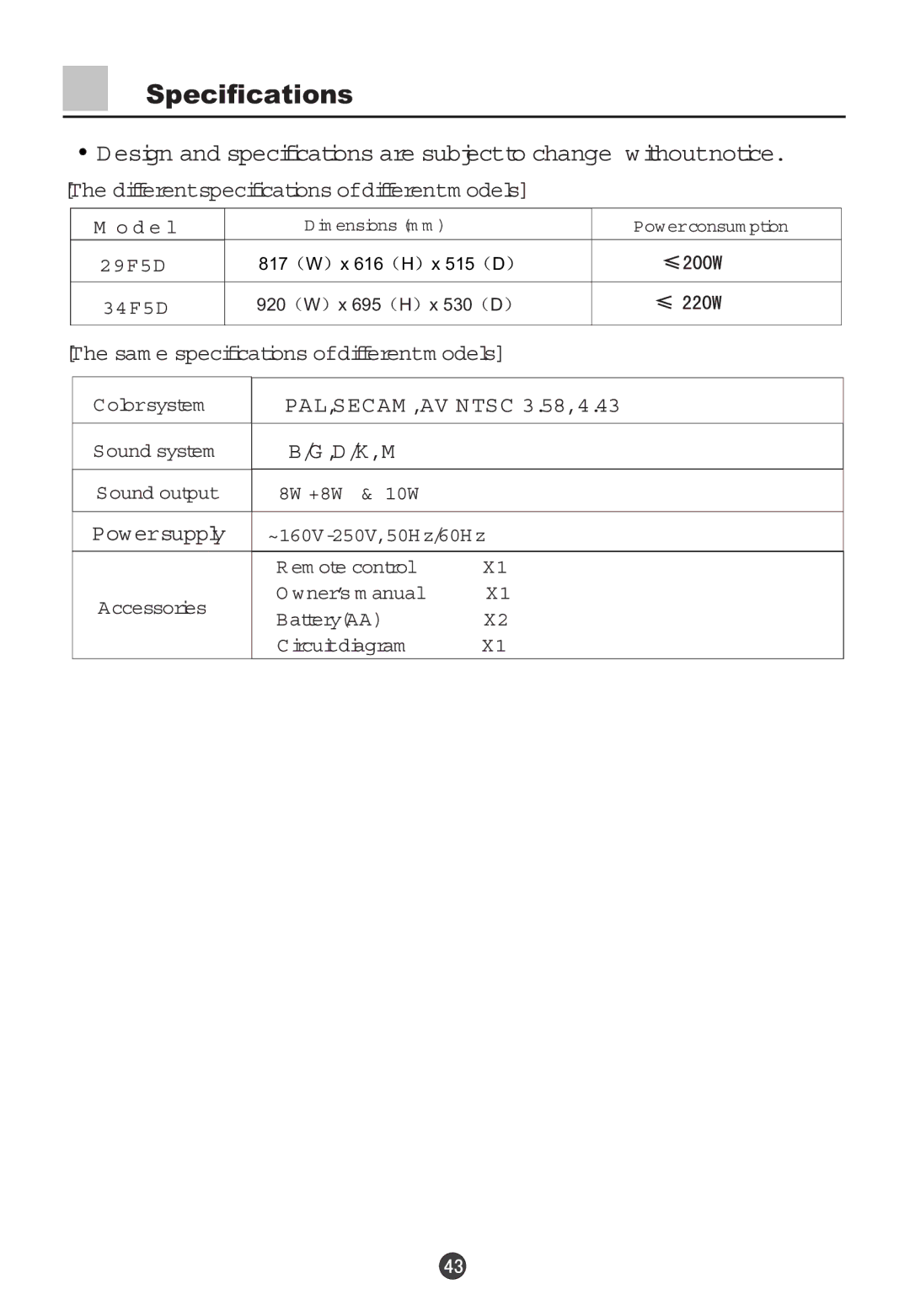 Haier 29F5D Specifications, Differentspecifications ofdifferentm odels, Sam e specifications ofdifferentm odels, D/K,M 