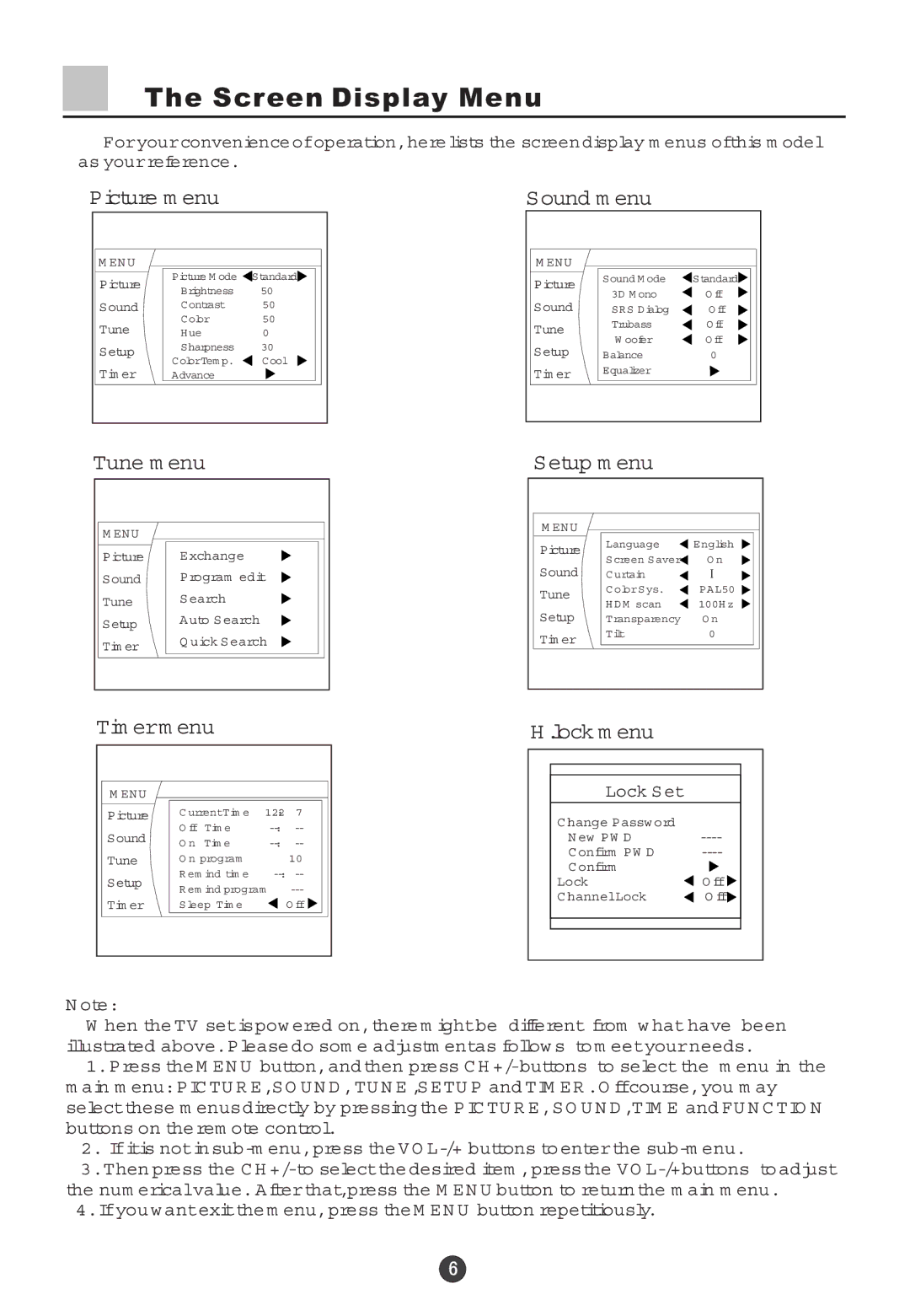 Haier 34F5D, 29F5D owner manual Screen Display Menu 