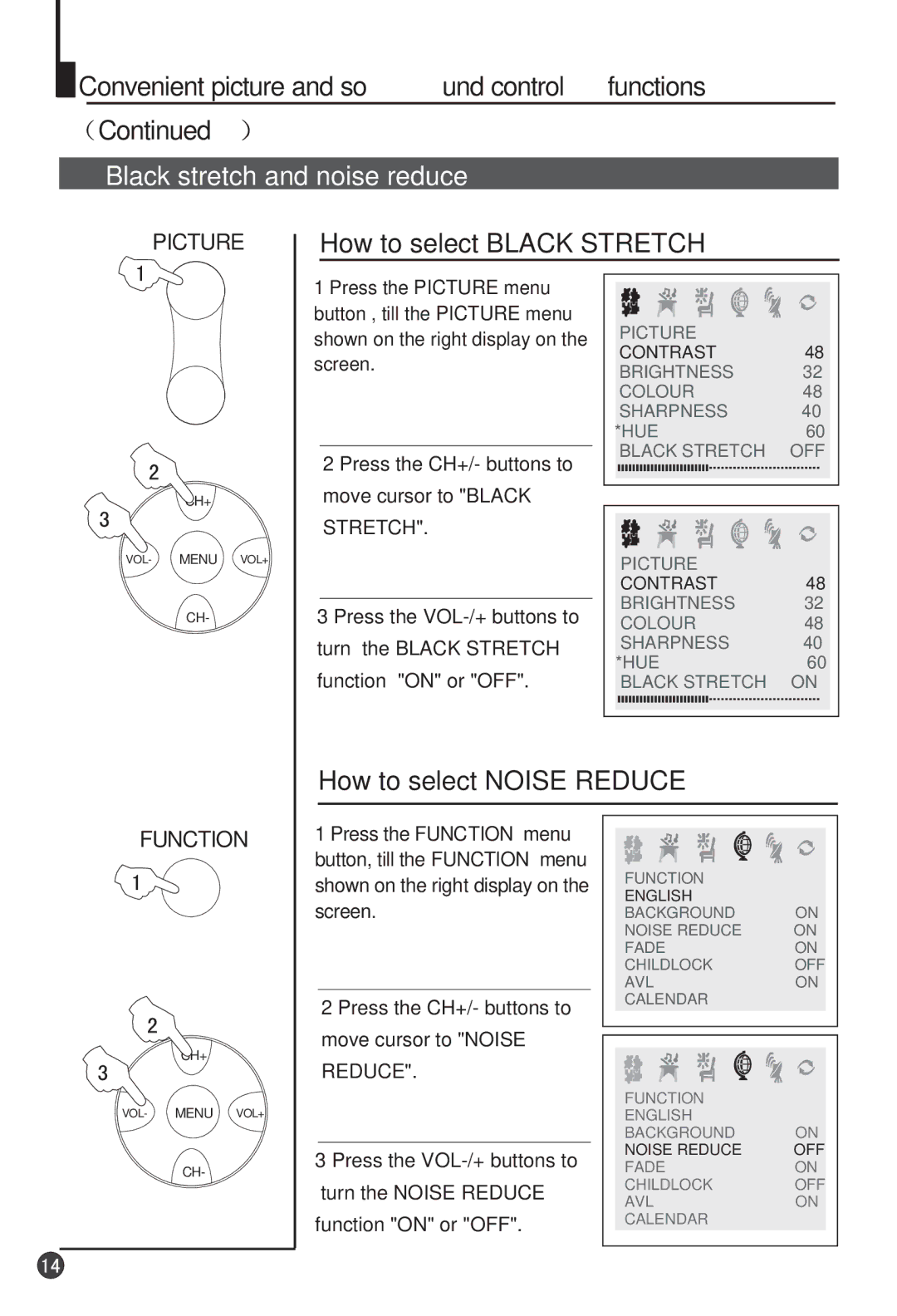 Haier 29F9K owner manual Black stretch and noise reduce, How to select Black Stretch, How to select Noise Reduce 