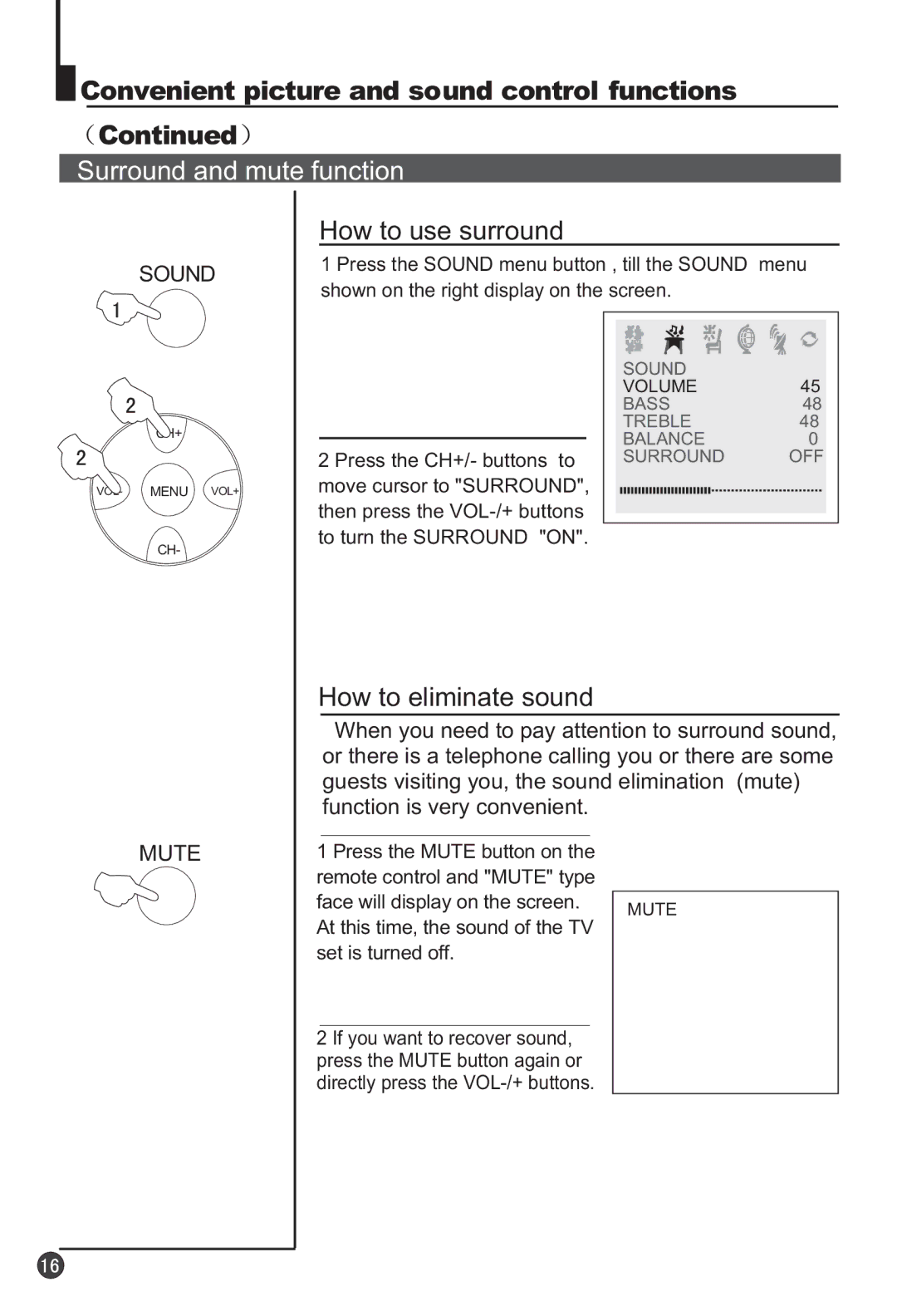 Haier 29F9K owner manual Surround and mute function, How to use surround, How to eliminate sound 