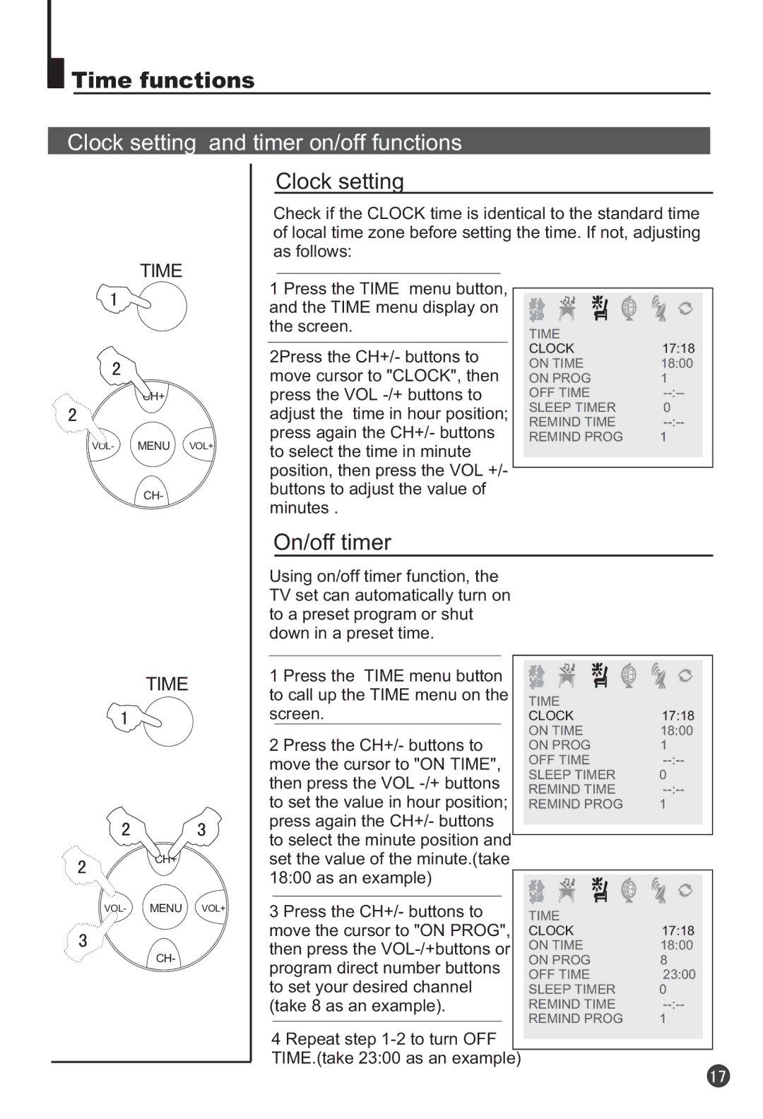 Haier 29F9K owner manual Time functions, Clock setting and timer on/off functions 