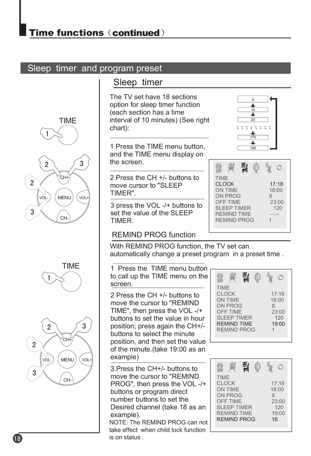 Haier 29F9K owner manual Sleep timer and program preset, Remind Prog function 