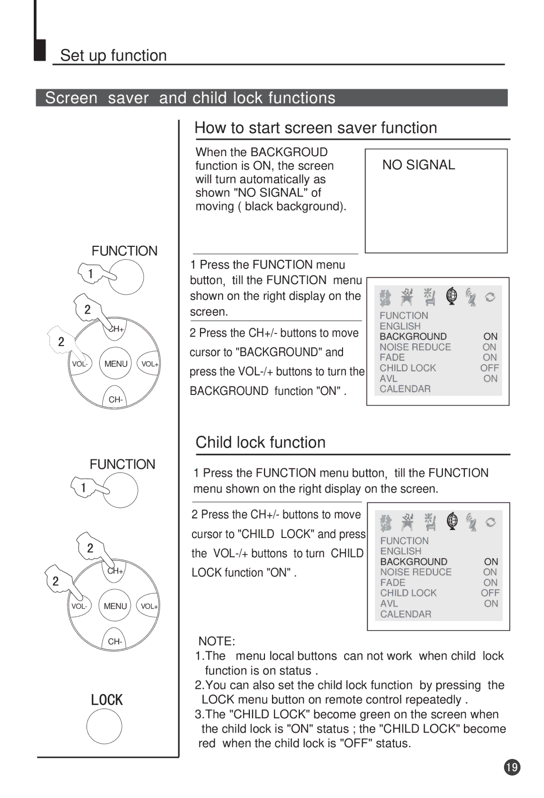 Haier 29F9K owner manual Set up function, Screen saver Child lock functions, How to start screen saver function 