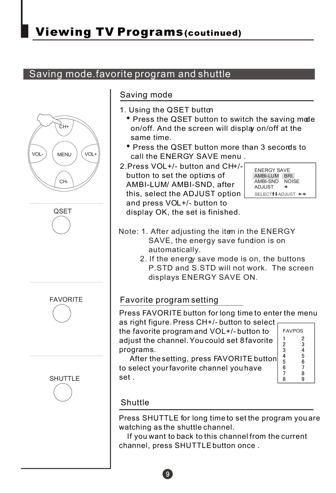 Haier 29FA10-AM owner manual Saving mode, Favorite program setting, Shuttle 