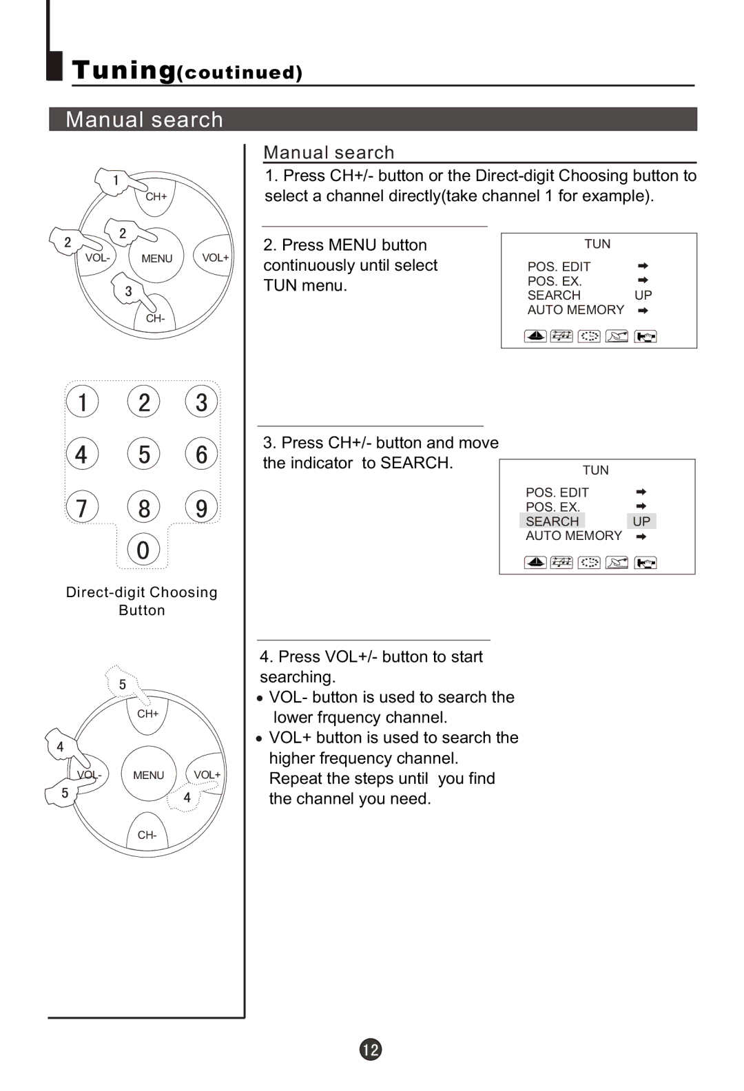 Haier 29FA10-AM owner manual Manual search, Press Menu button, Continuously until select, TUN menu 