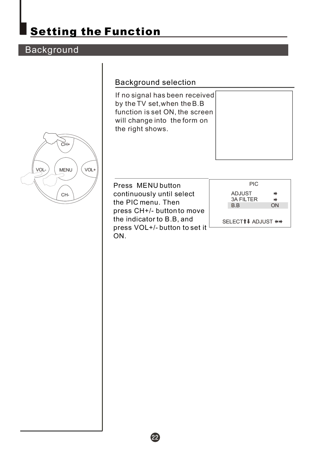 Haier 29FA10-AM owner manual Setting the Function, Background selection 