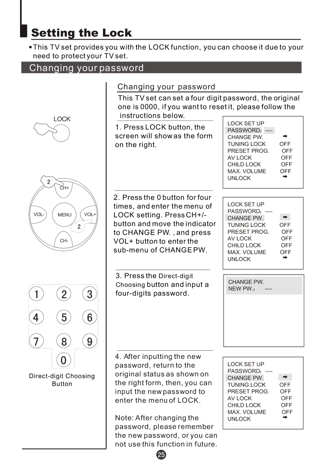 Haier 29FA10-AM owner manual Setting the Lock, Changing your password 