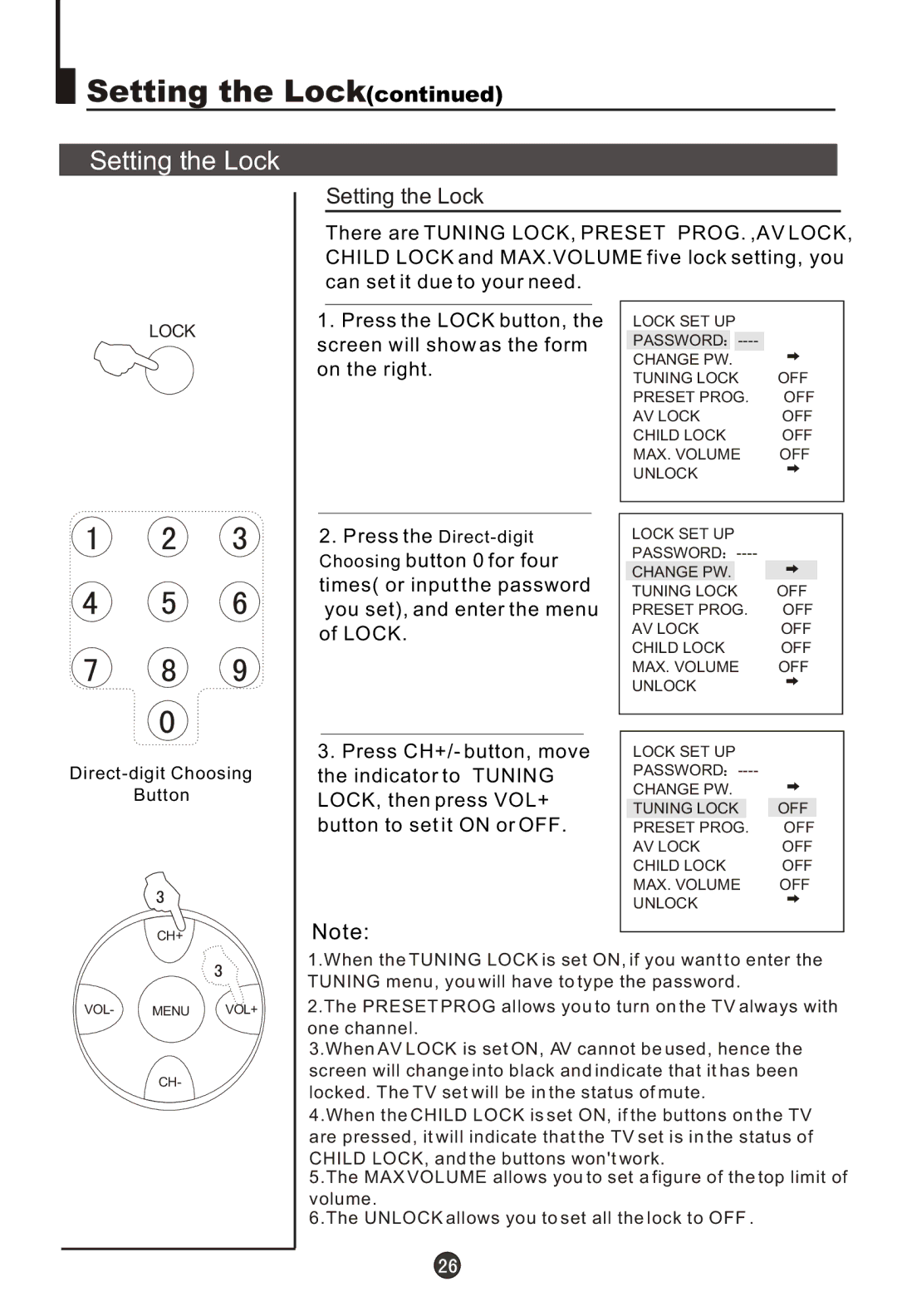 Haier 29FA10-AM owner manual Setting the Lock 