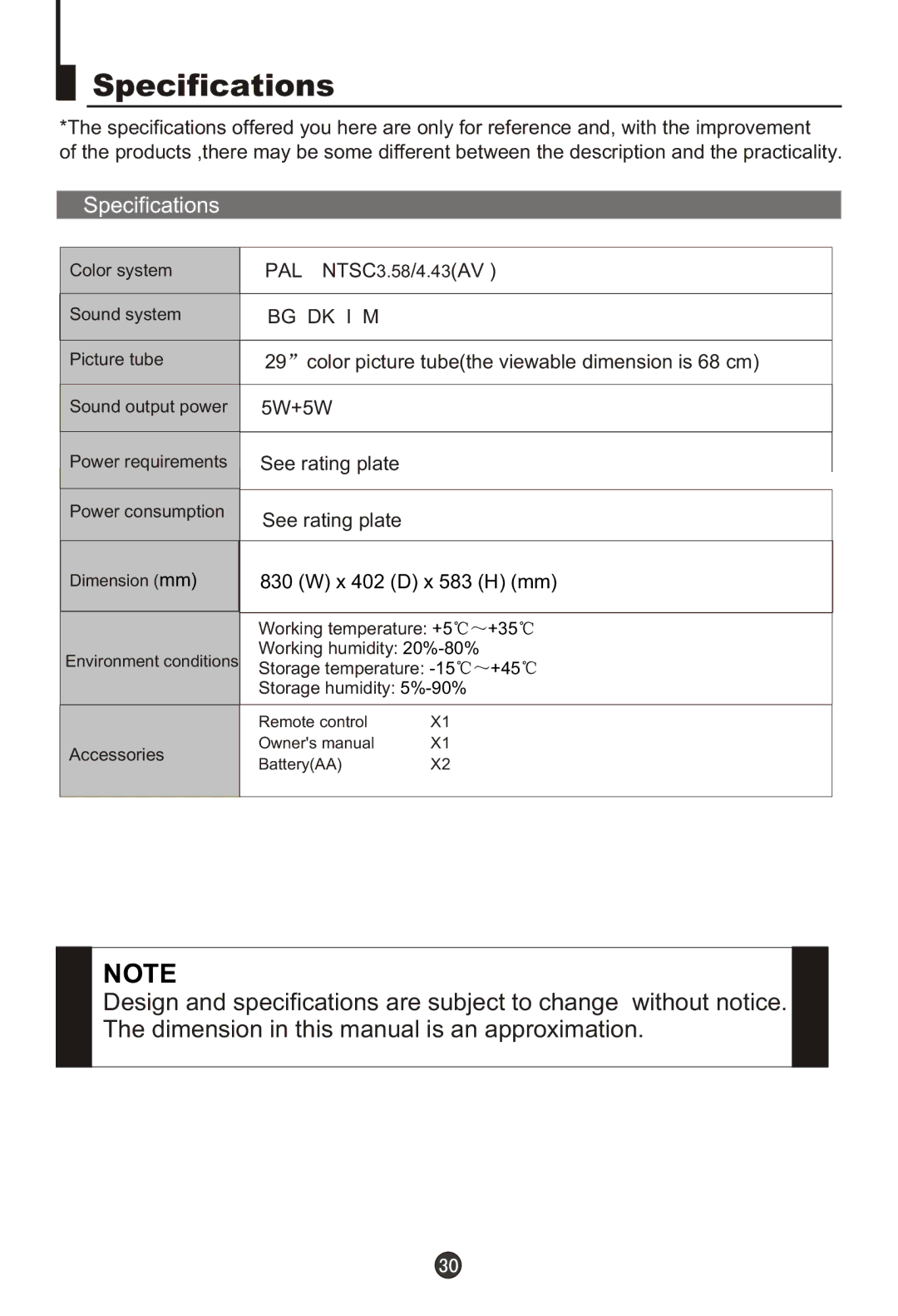 Haier 29FA10-AM owner manual Specifications 