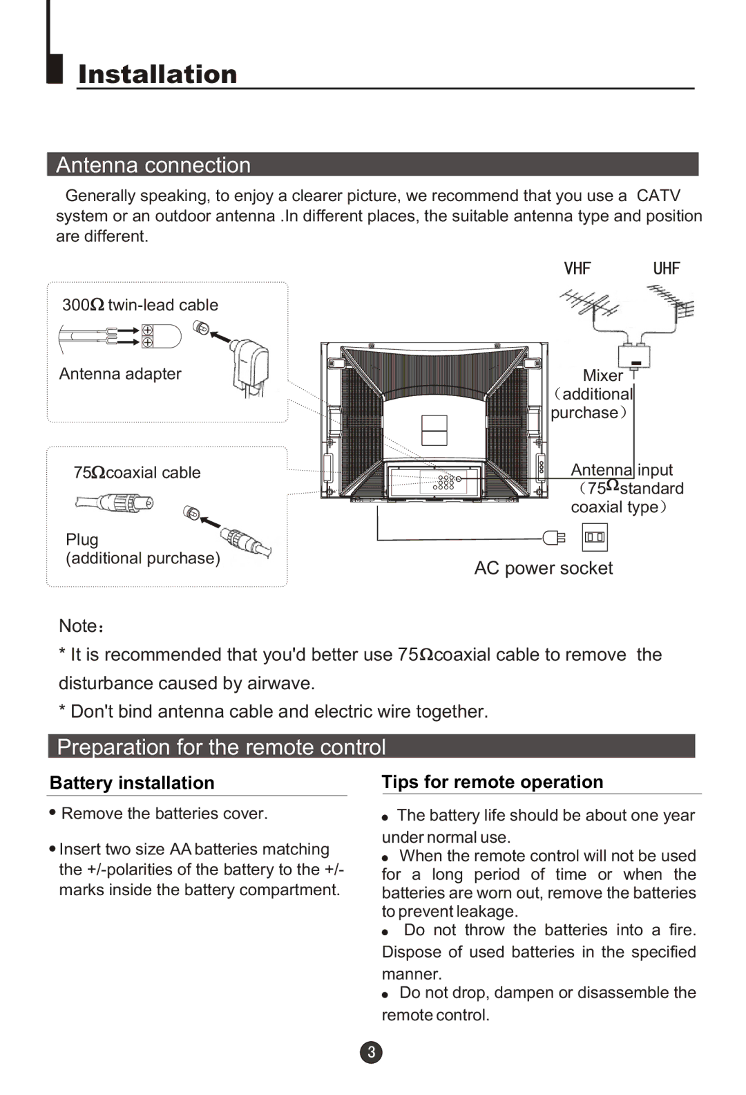 Haier 29FA10-AM Installation, Antenna connection, Preparation for the remote control, Remove the batteries cover 